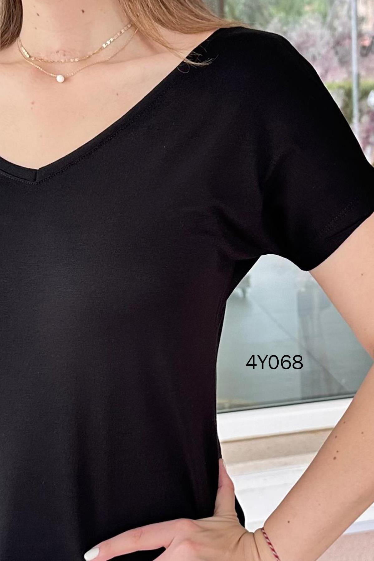 V Yaka Likralı Viskon Tshirt