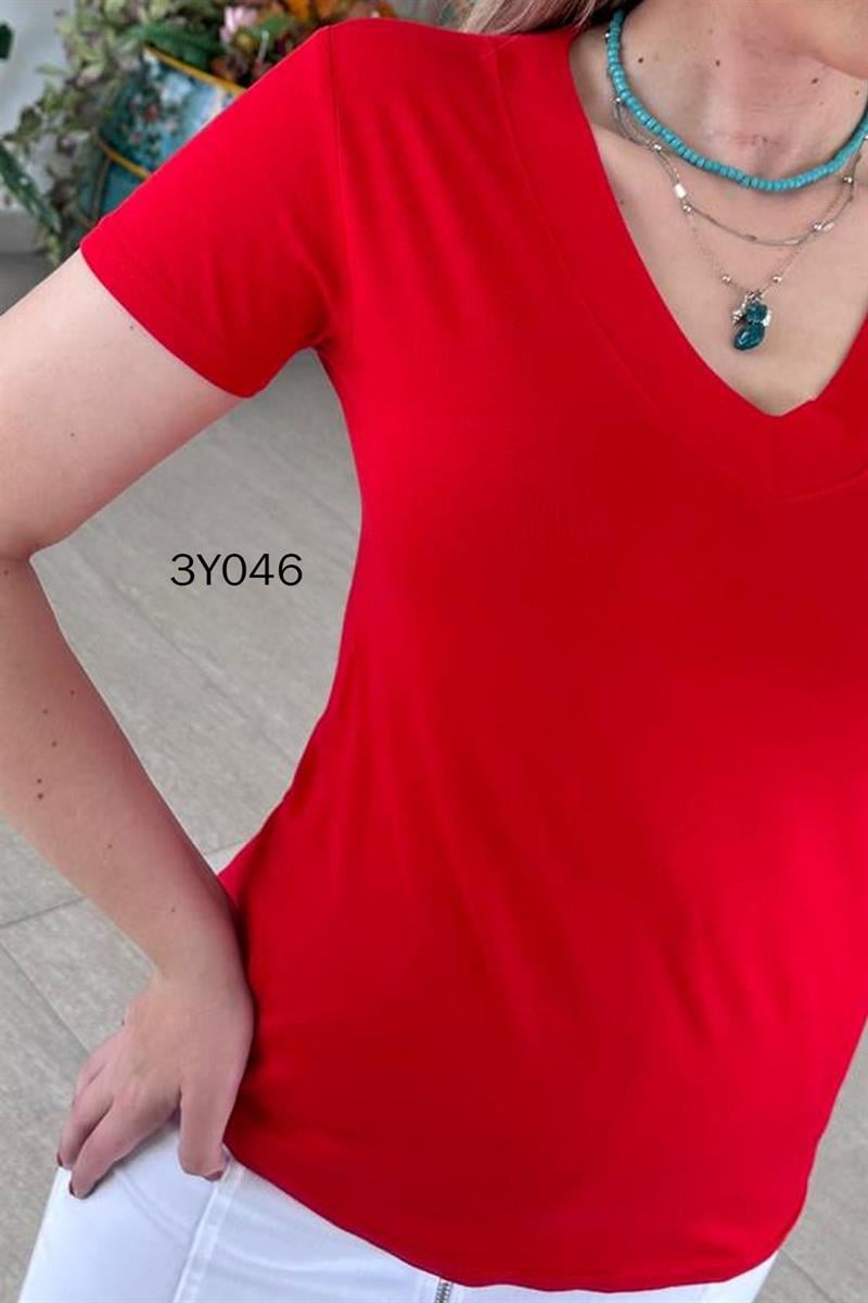 V Yaka Pamuklu Viskon Tshirt