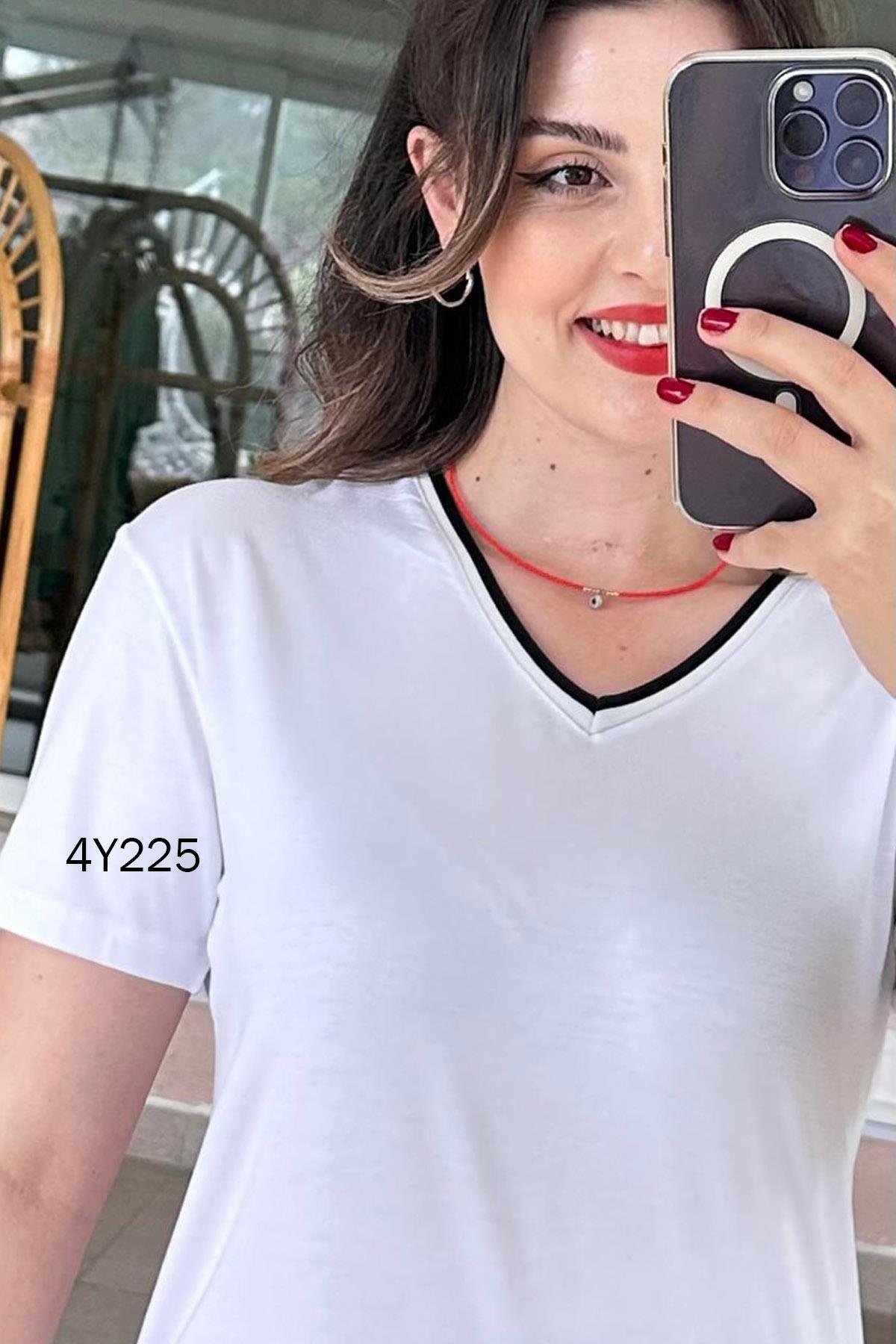 V Yaka Ribanalı Viskon Tshirt