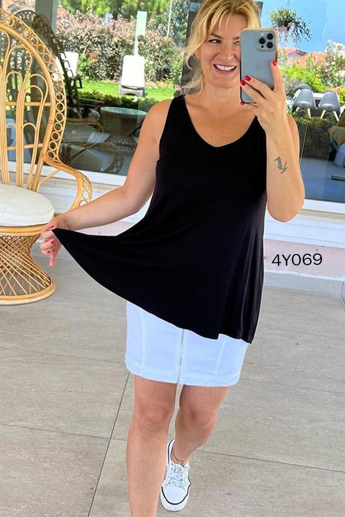 V Yaka Sıfır Kol Viskon Tshirt