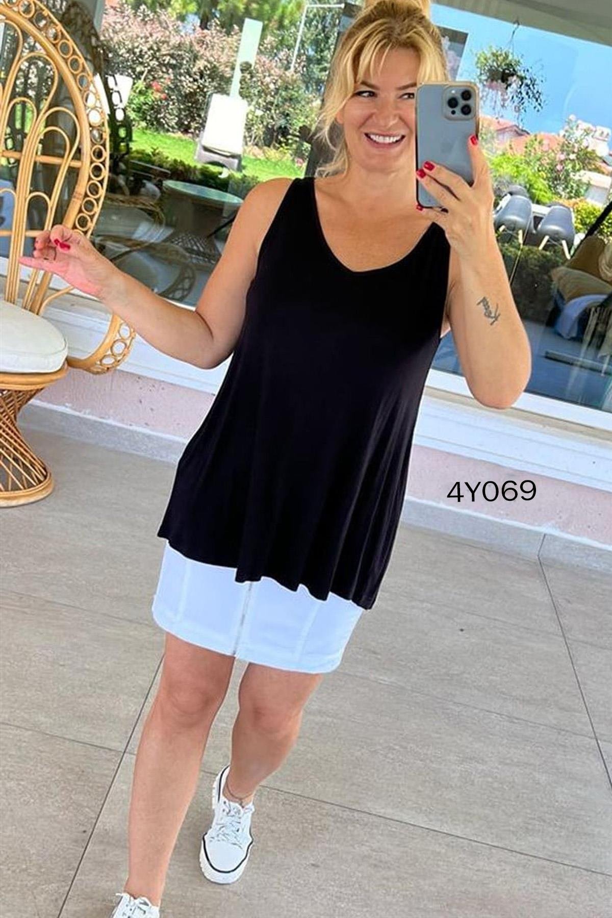 V Yaka Sıfır Kol Viskon Tshirt