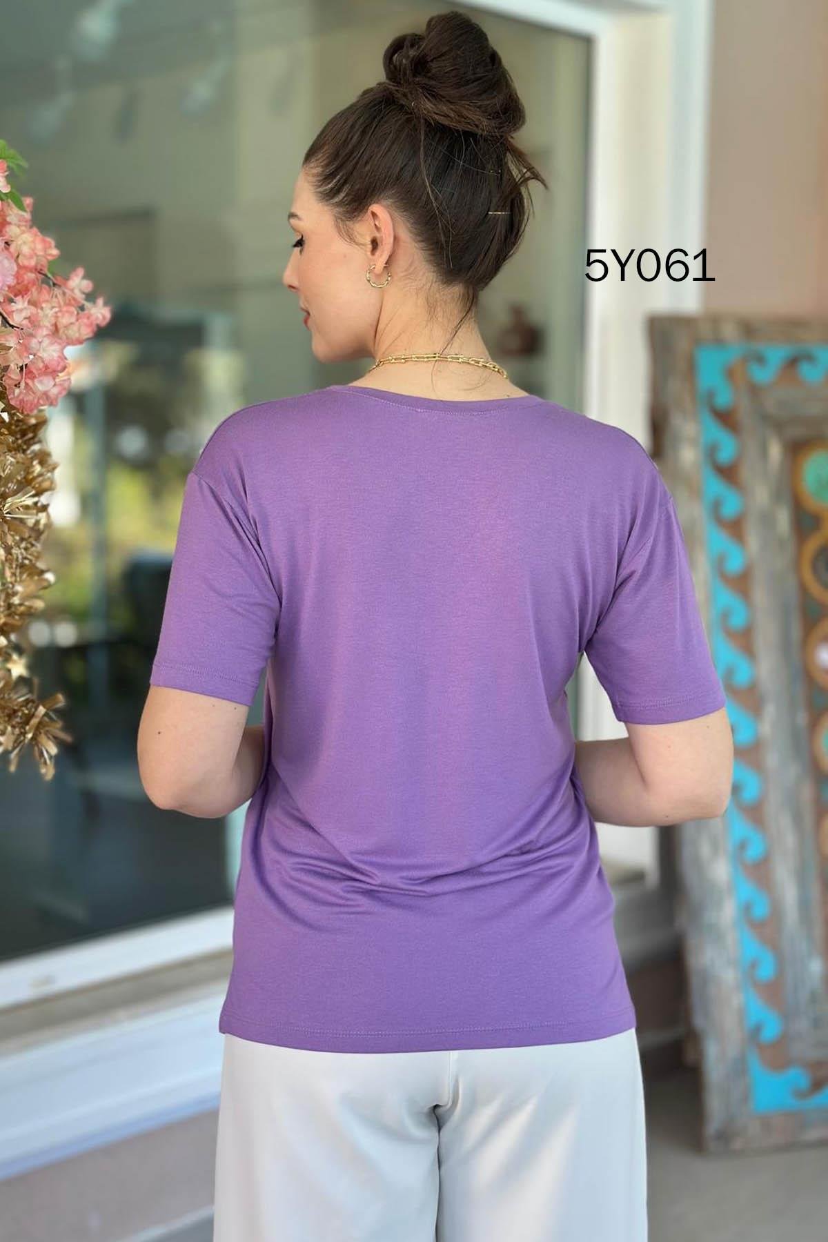 V Yaka Yırtmaçlı Viskon Tshirt