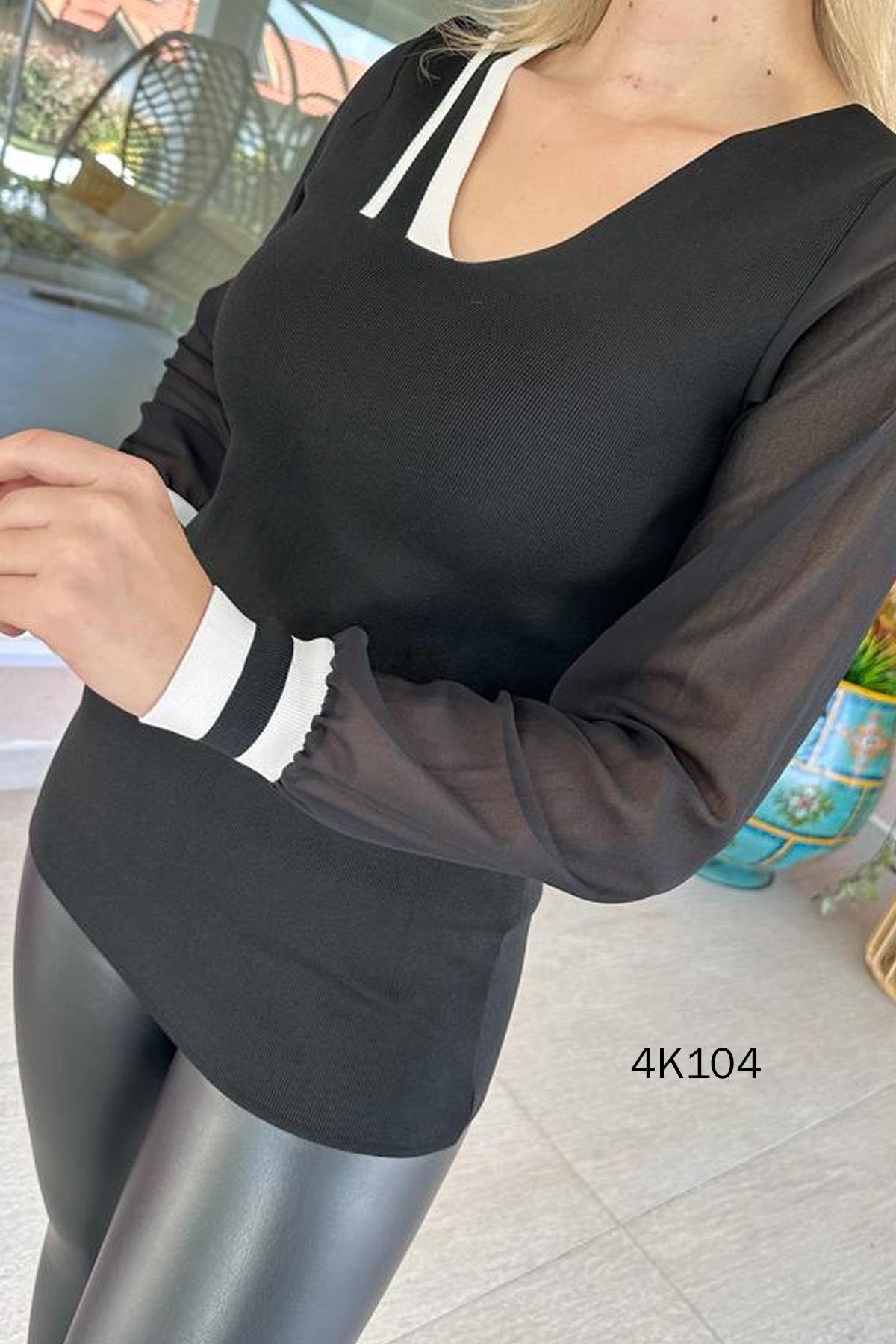 Yakası Çizgili Kolları Şifon Triko Bluz