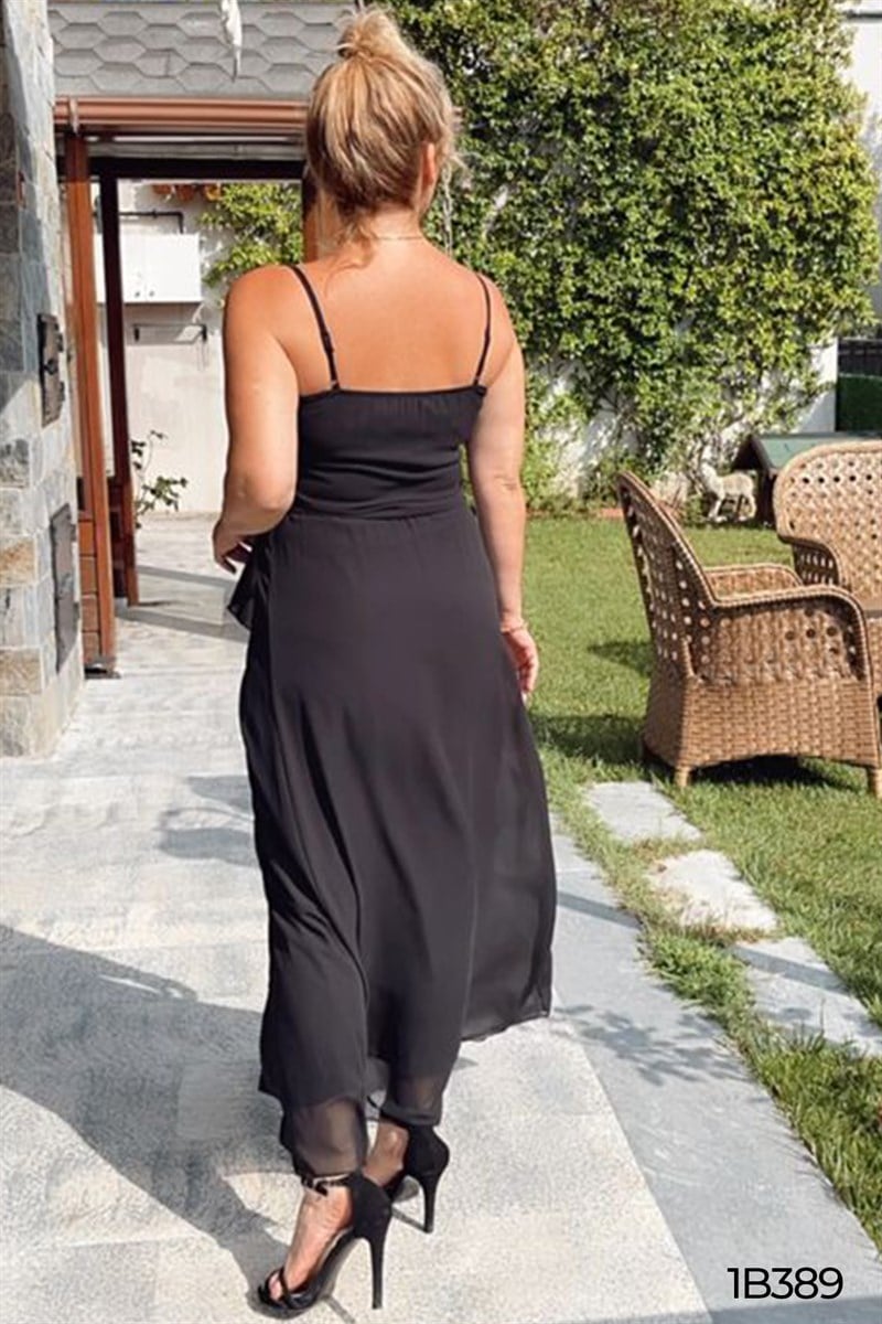 Yakası Volanlı İp Askılı Şifon Elbise