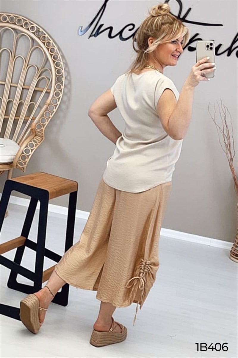 Yandan Büzgülü Bol Paça  Pantolon