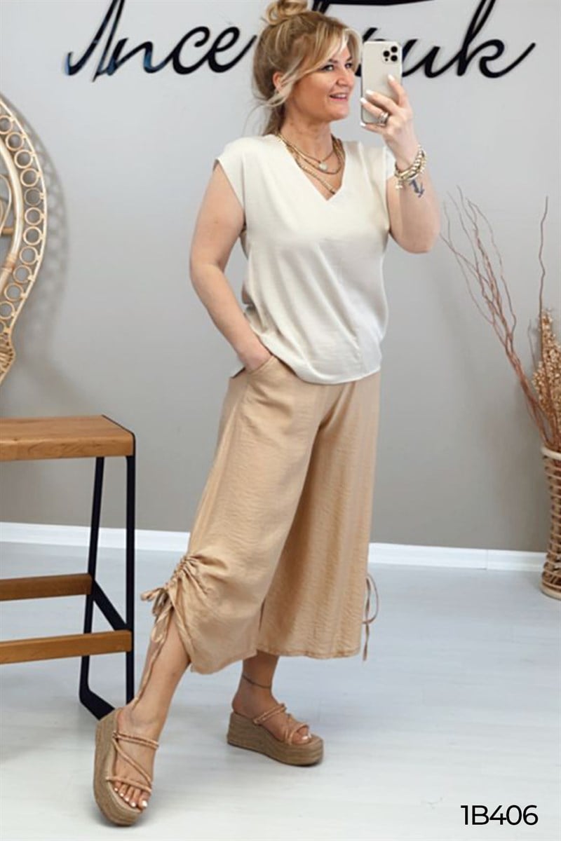 Yandan Büzgülü Bol Paça  Pantolon