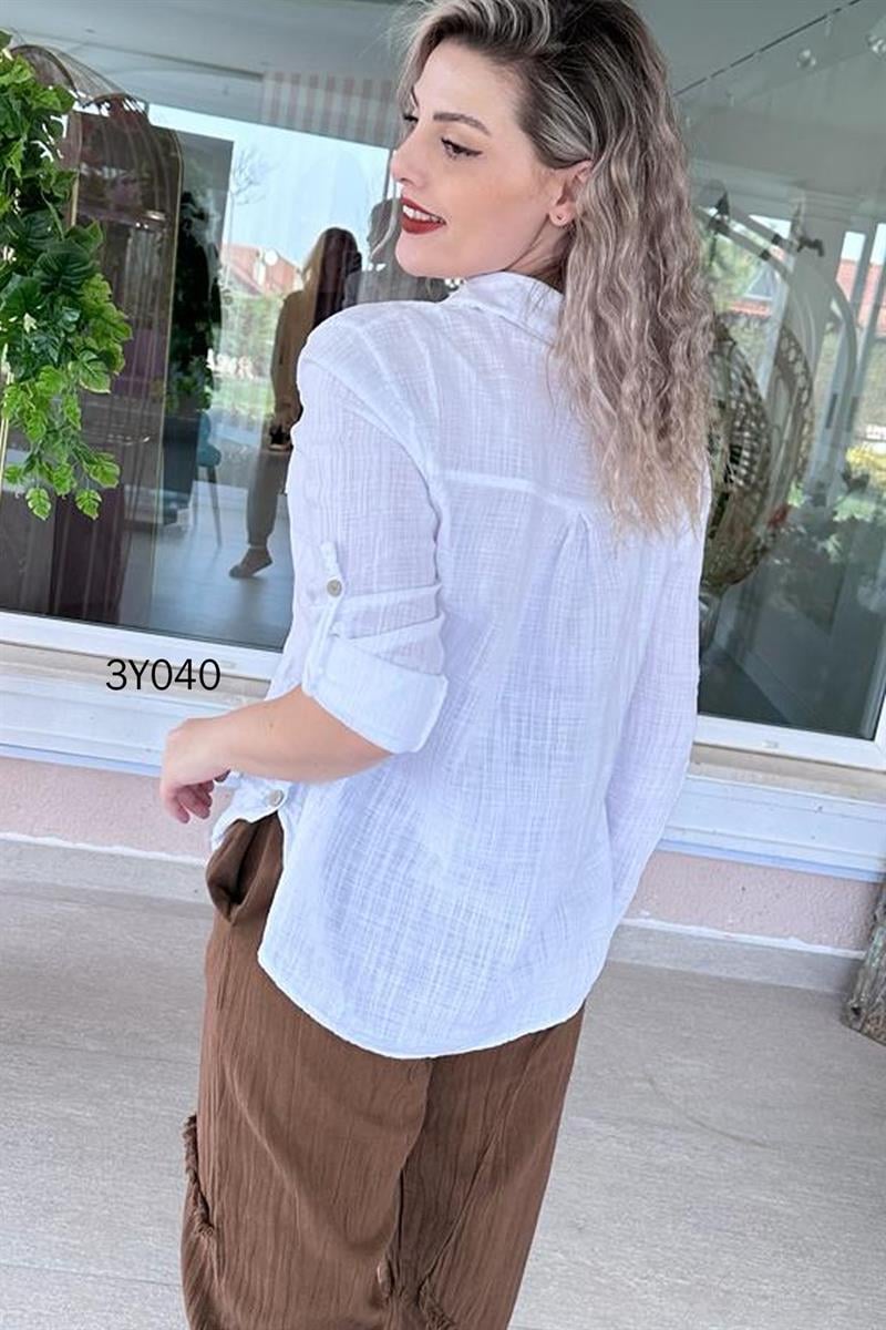 Yanı Düğmeli Keten Gömlek
