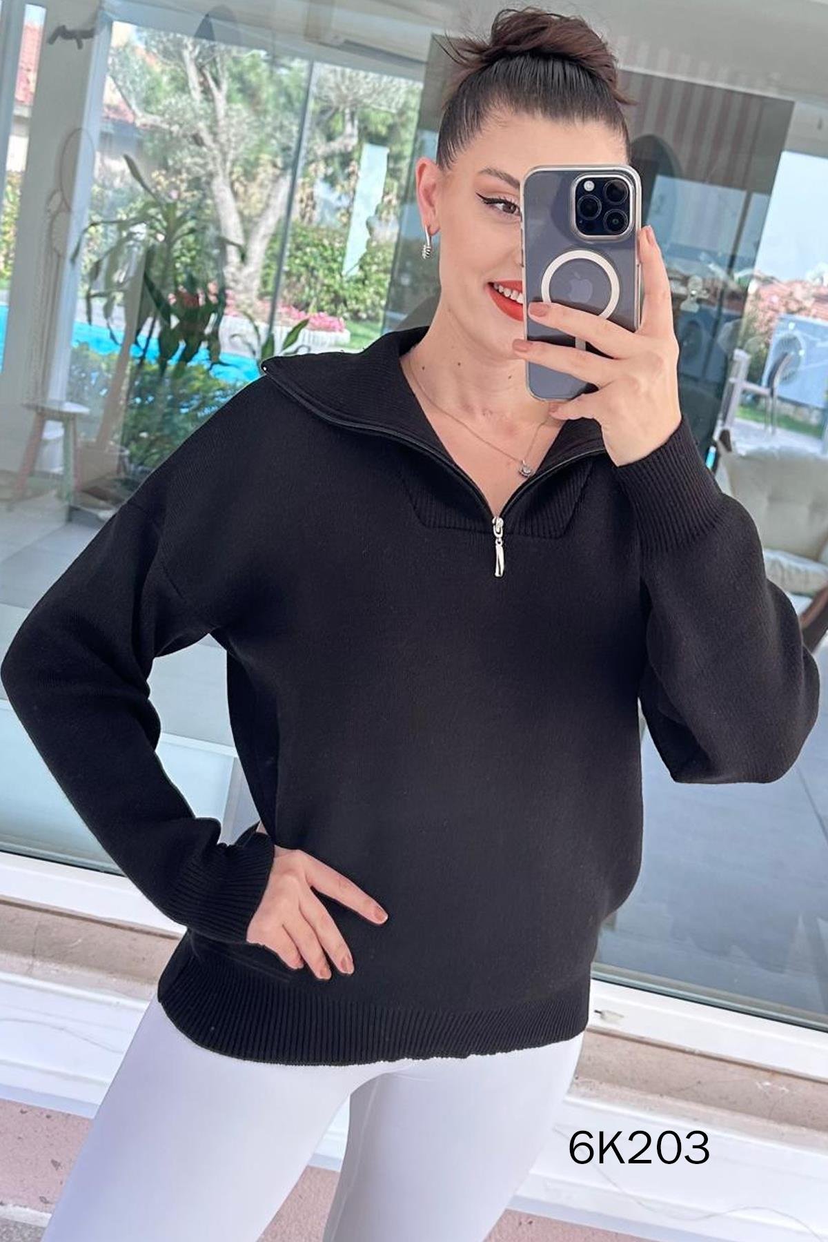 Yarım Fermuarlı Triko Bluz