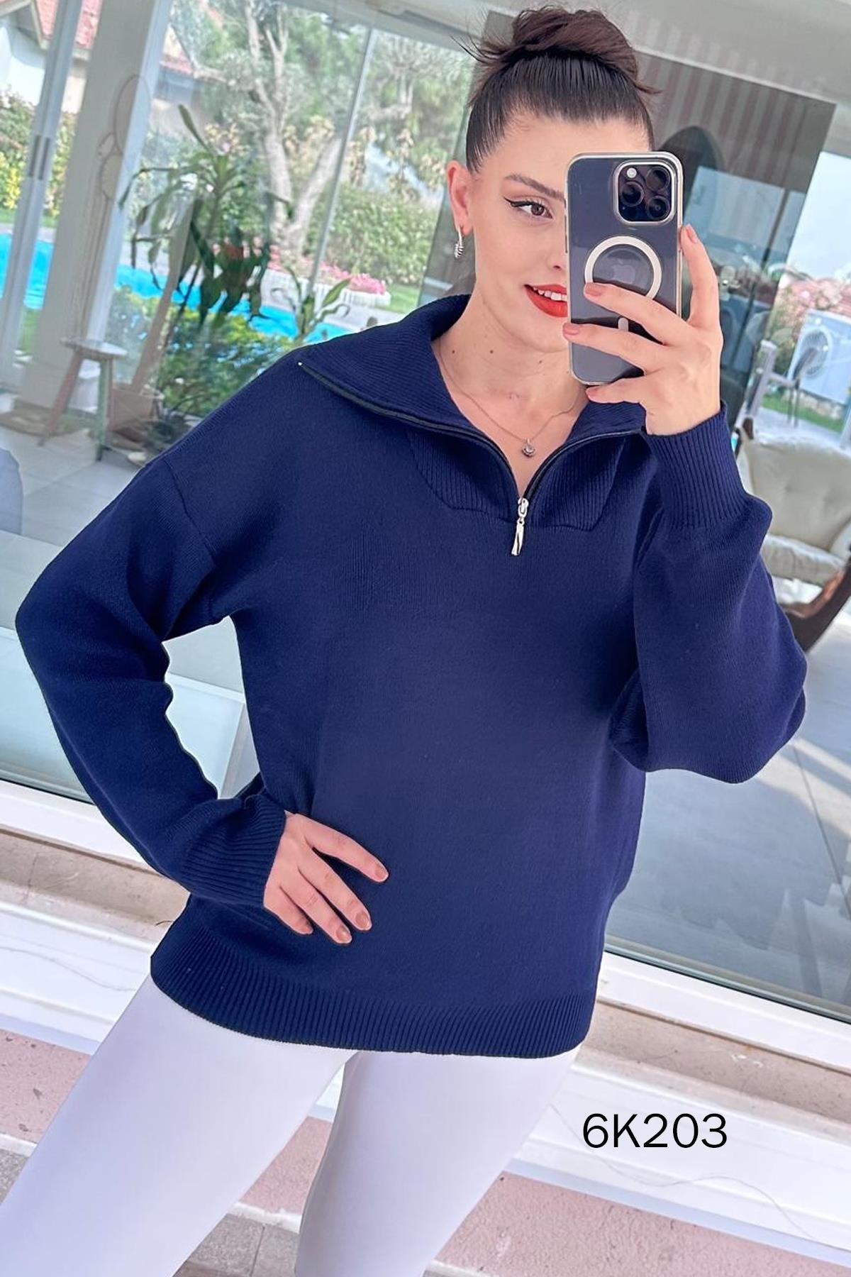 Yarım Fermuarlı Triko Bluz