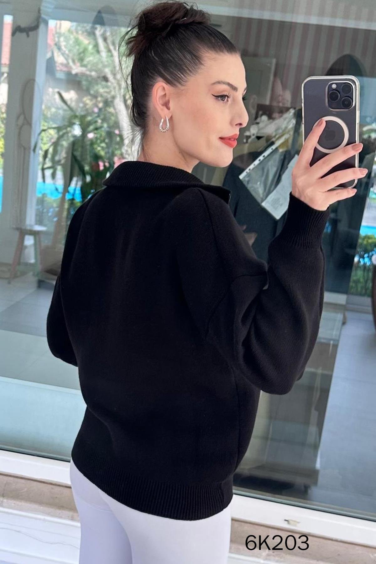 Yarım Fermuarlı Triko Bluz