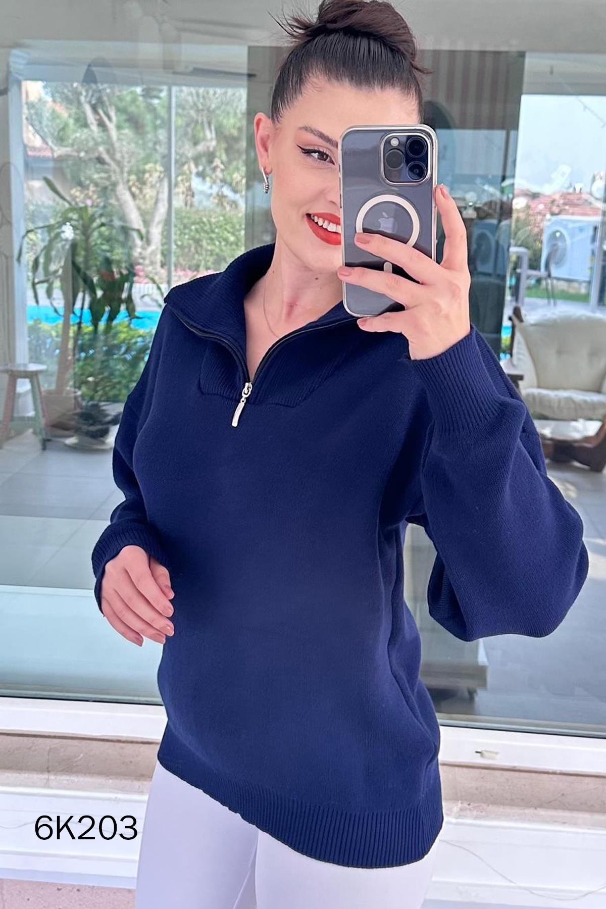 Yarım Fermuarlı Triko Bluz