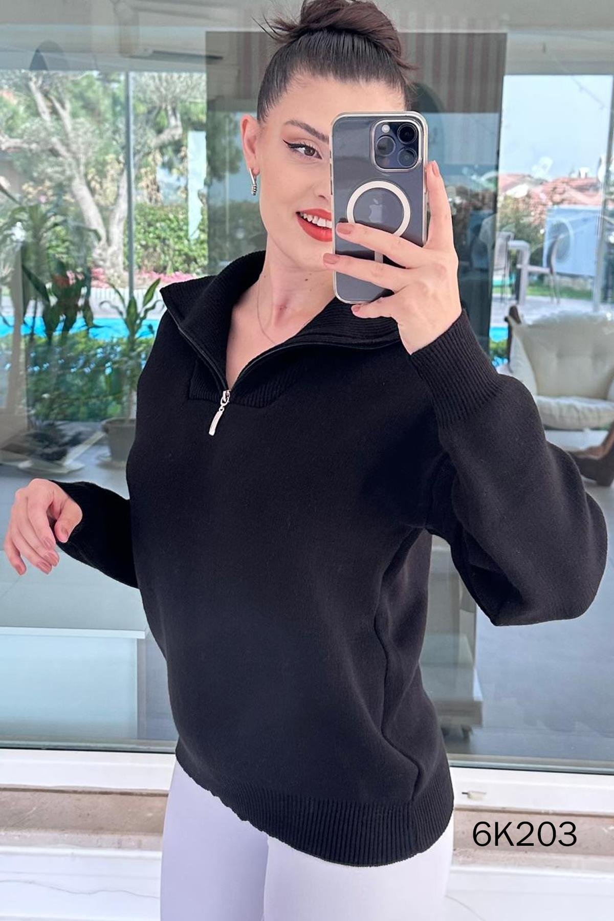 Yarım Fermuarlı Triko Bluz