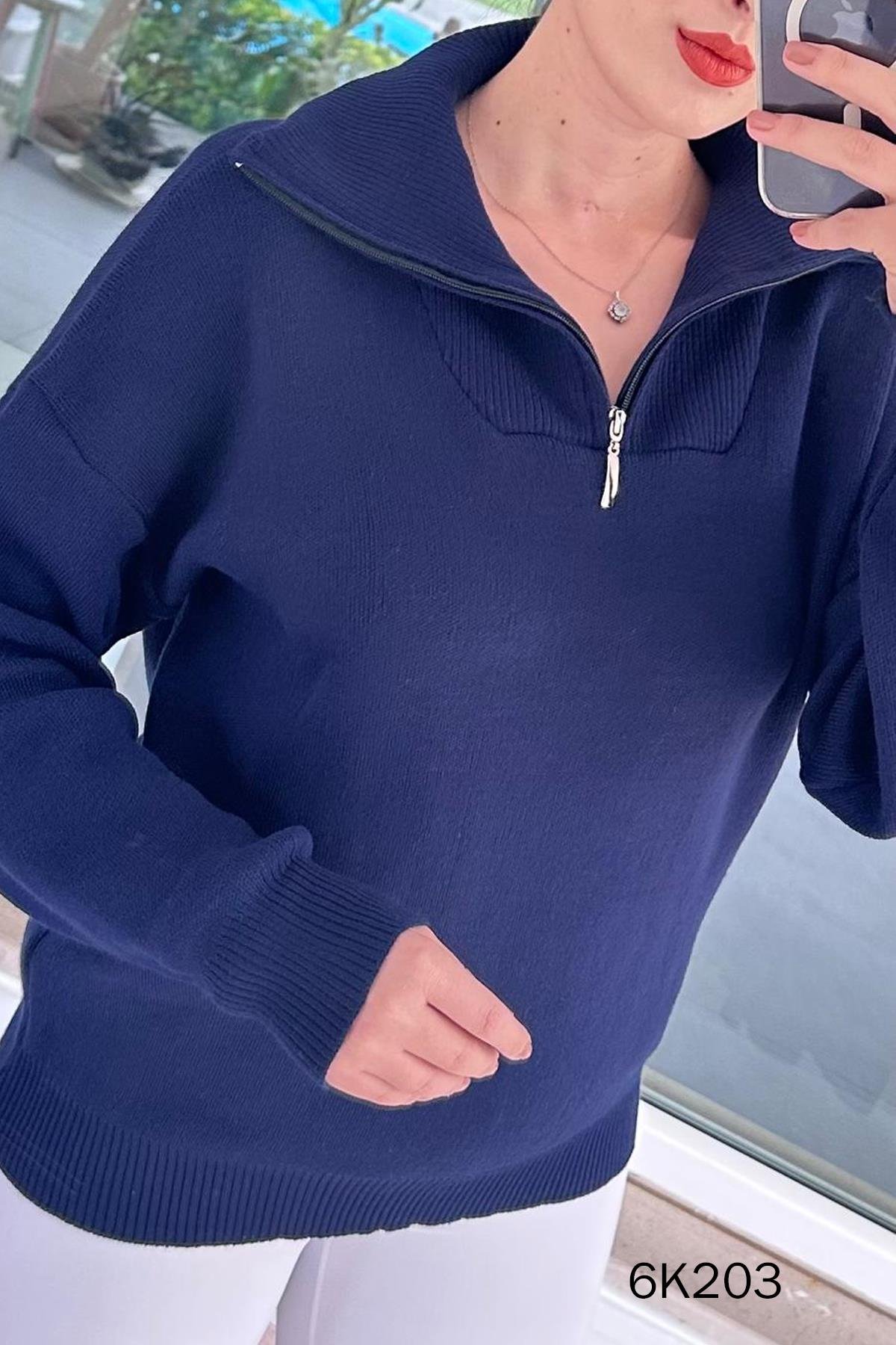 Yarım Fermuarlı Triko Bluz