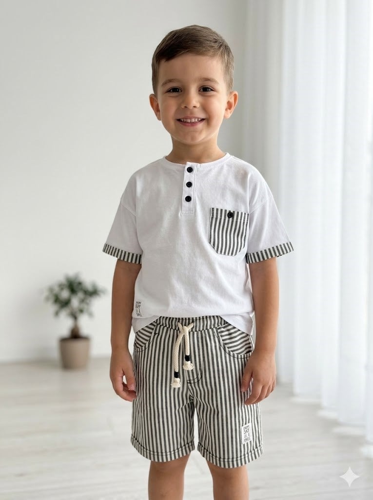 Çizgili Şort Tshirt Takım Beyaz Lacivert