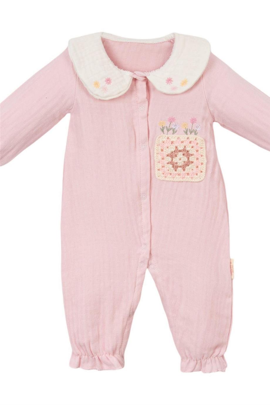 Kız Bebek Müslin Meksika İşlemeli Tulum Pembe