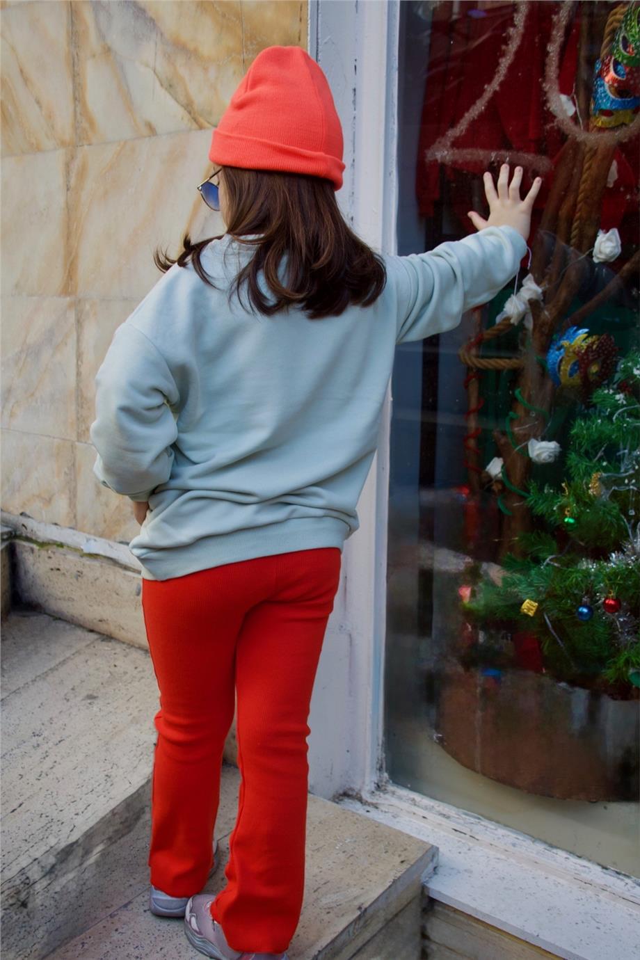 Kız Çocuk Papatya Desenli Sweatshirt-Fitilli İspanyol Paça Tayt Takım Narçiçeği
