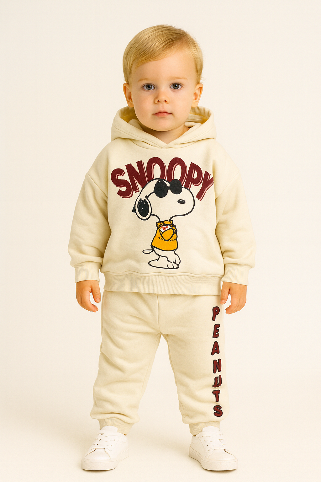 Snoopy Peanuts Baskılı Kapüşonlu Çocuk Alt Üst Eşofman Takım Ekru