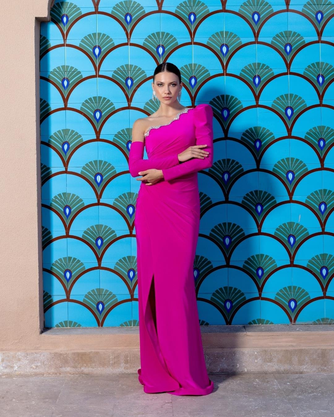 Fuşya Jersey Dress Long Slveed Dress