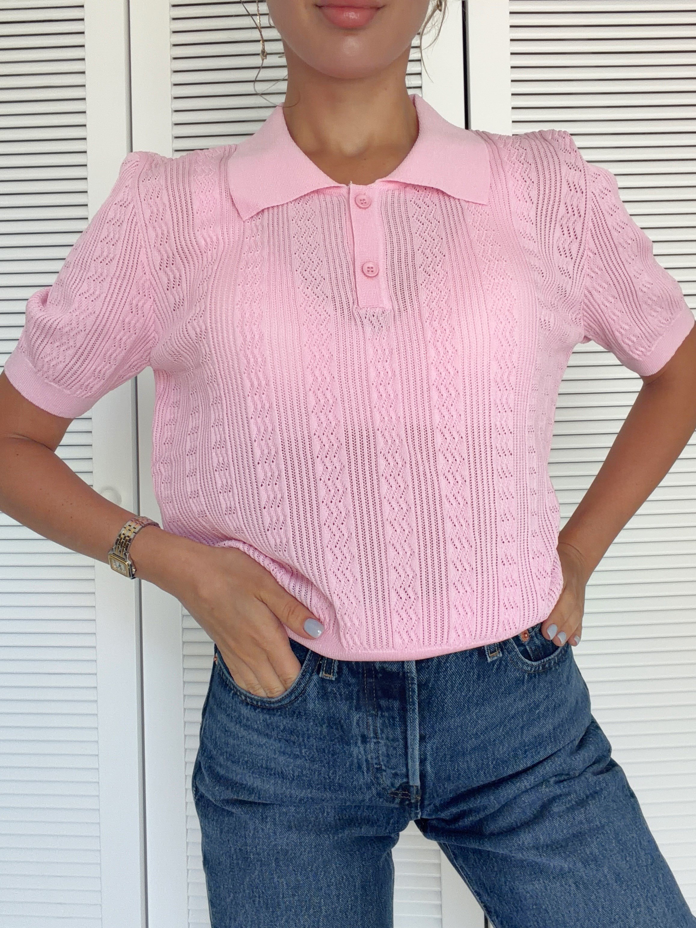 Ajurlu Polo Yaka Triko Pembe
