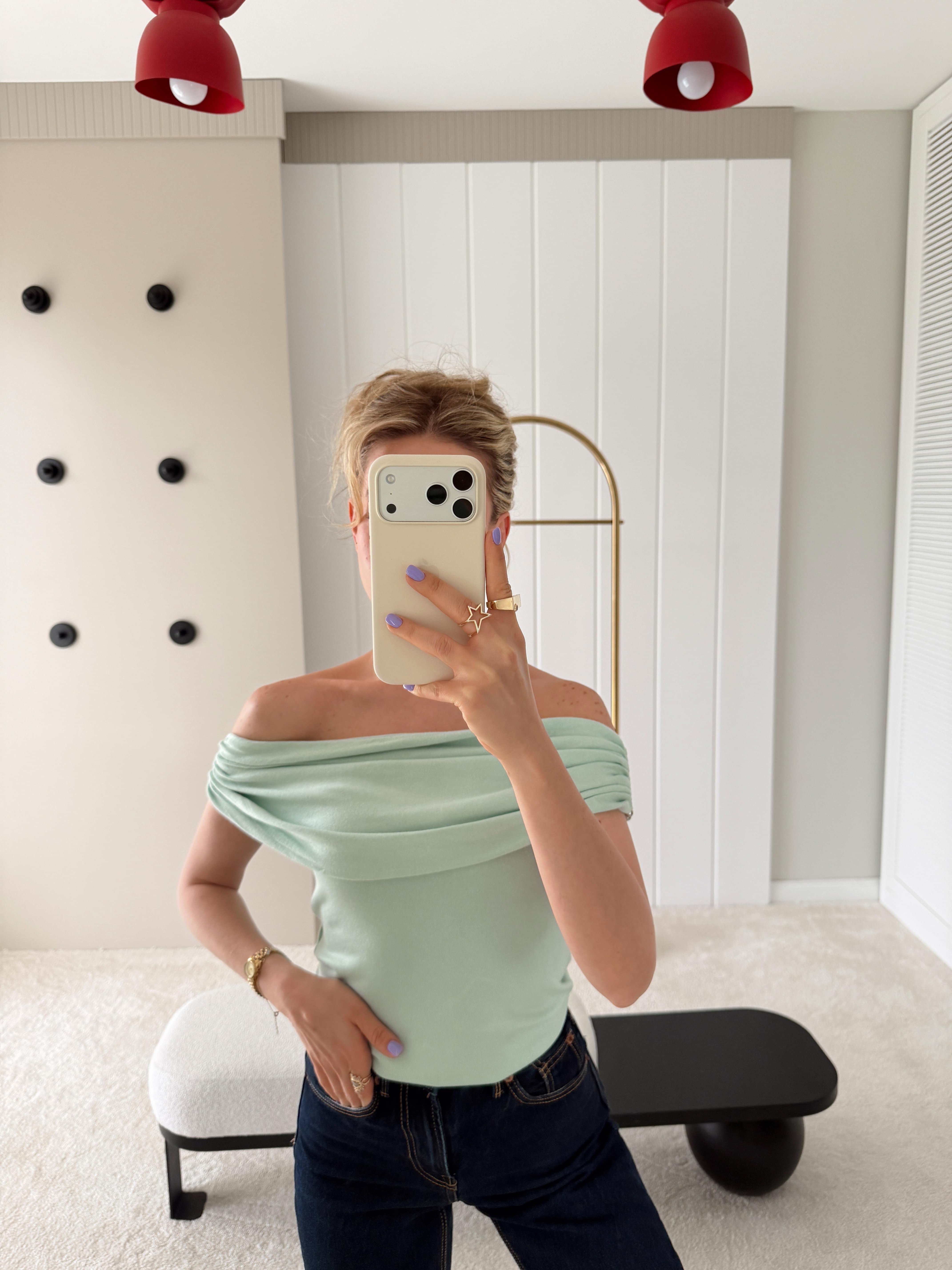 Bardot Yaka Metal Detaylı Triko Bluz Mini