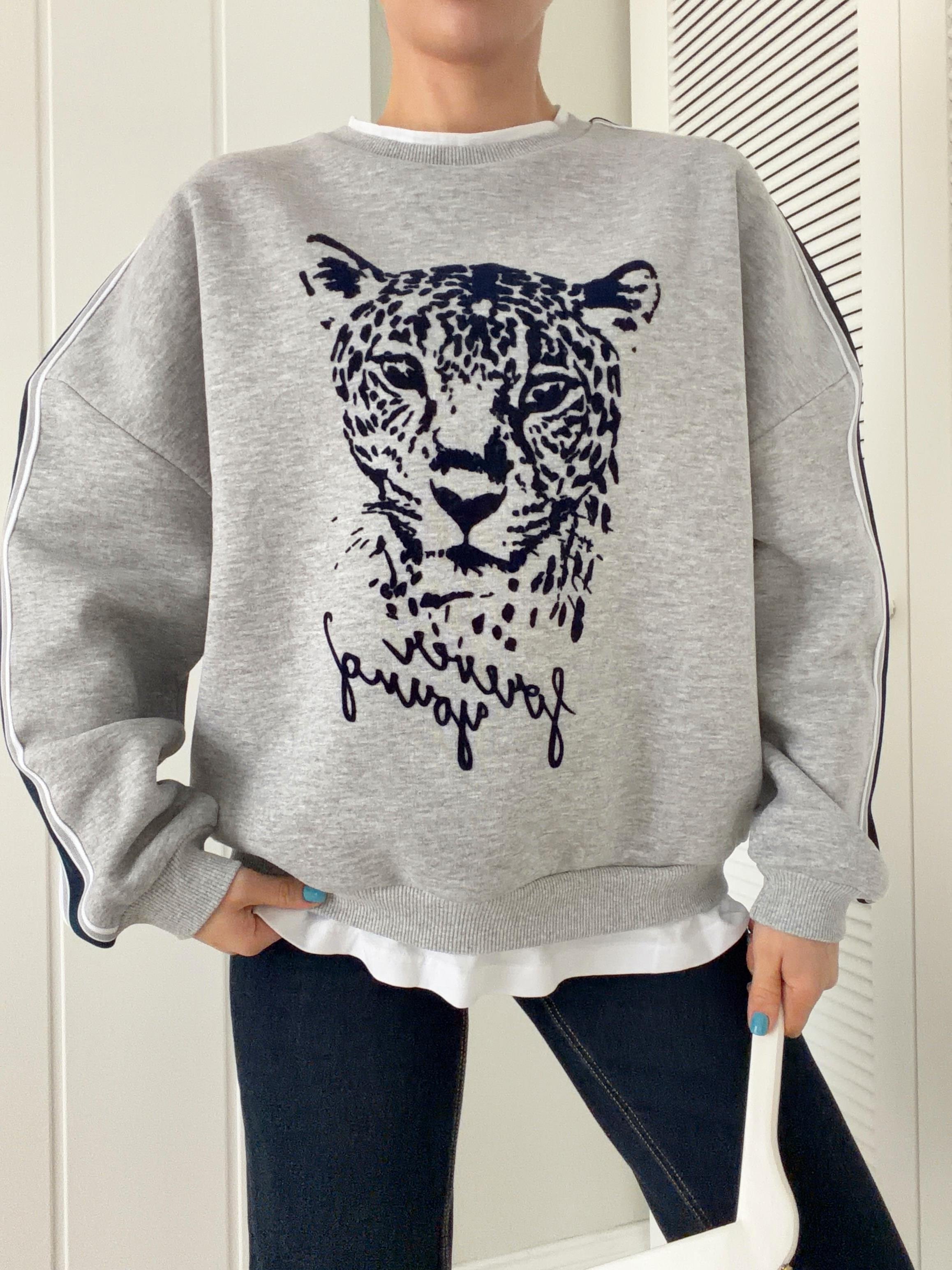 Baskı Detaylı Basic Tshirt Birleşik Sweat Gri