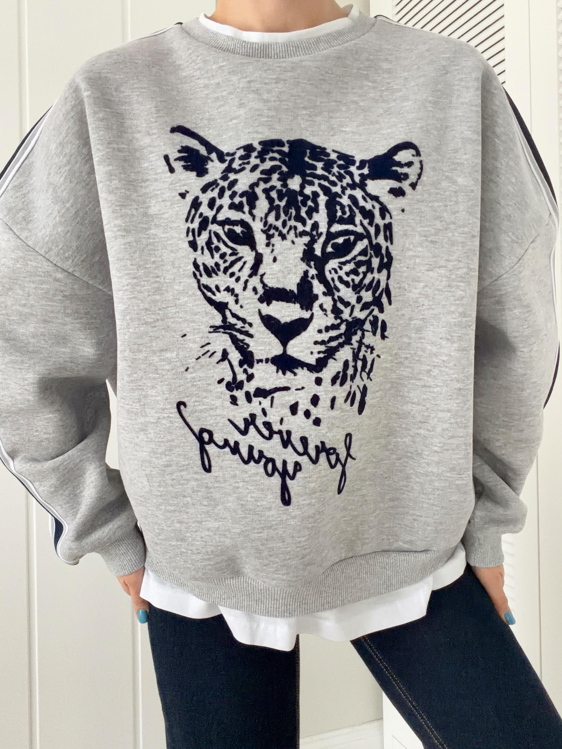 Baskı Detaylı Basic Tshirt Birleşik Sweat Gri