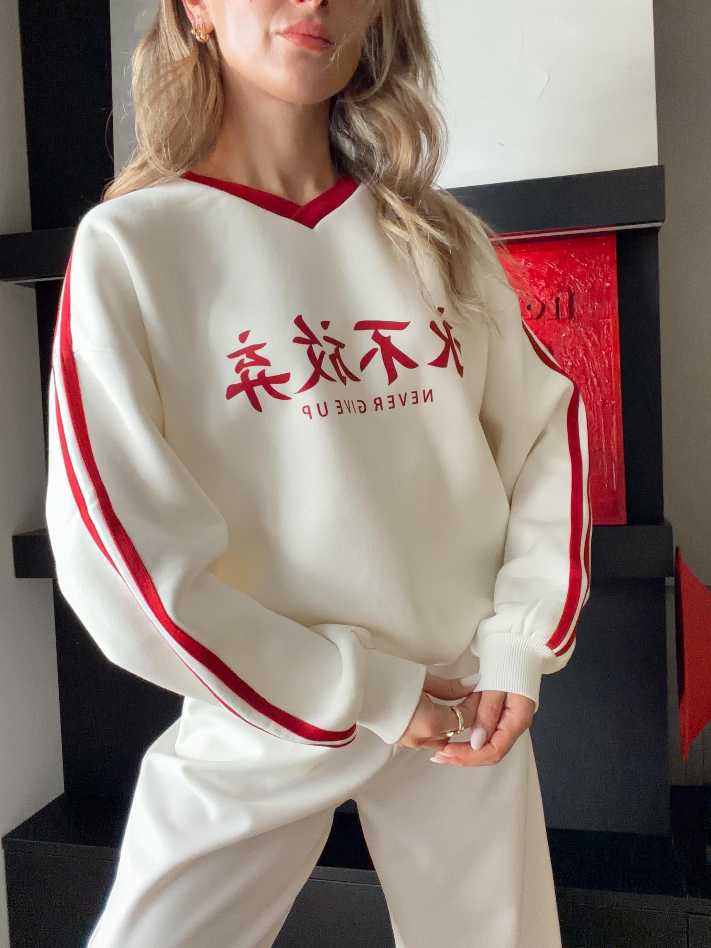 Baskı Detaylı Oversize Sweat Ekru 