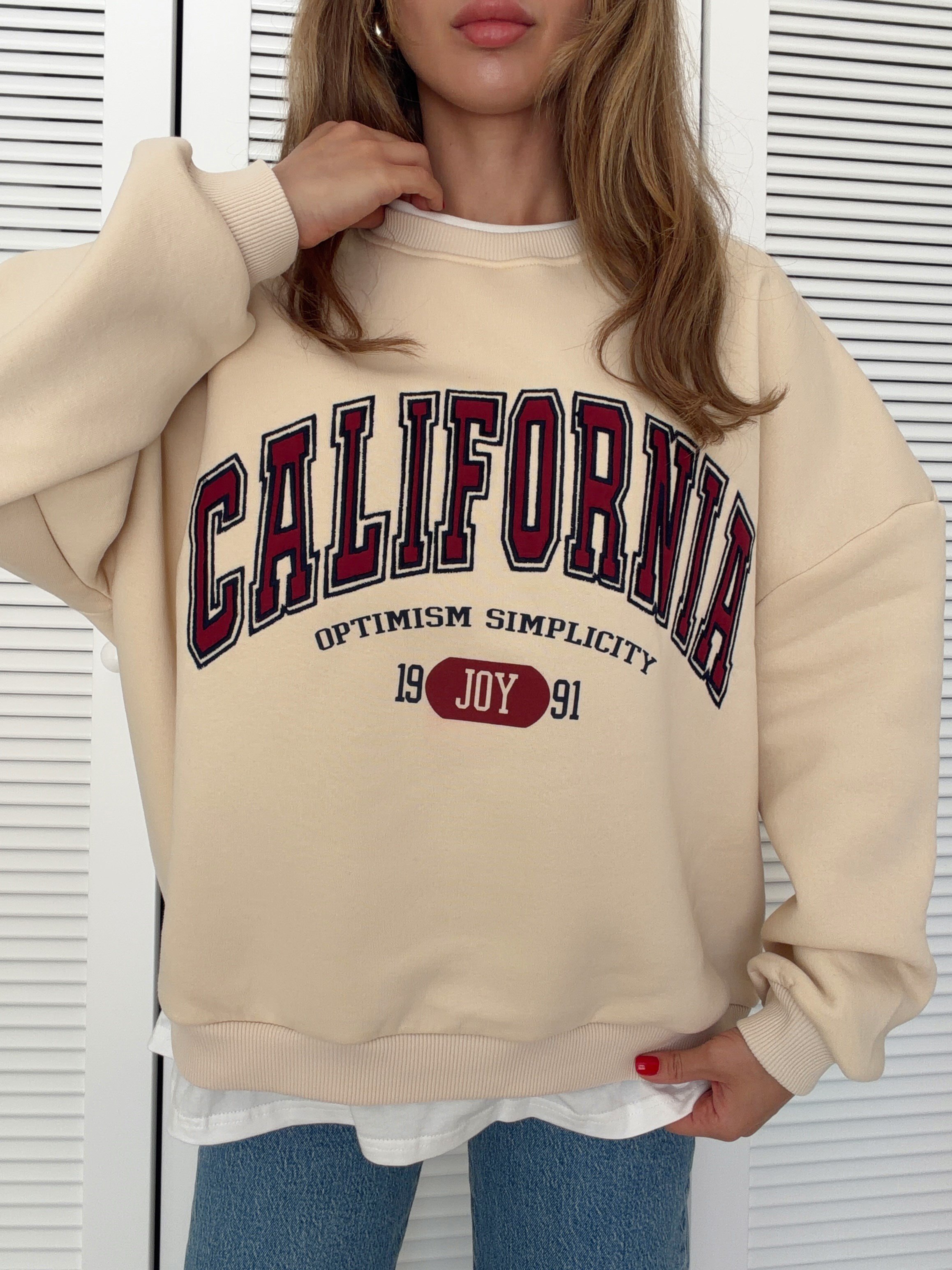 Baskı Detaylı Oversize Sweat Krem CALIFORNIA