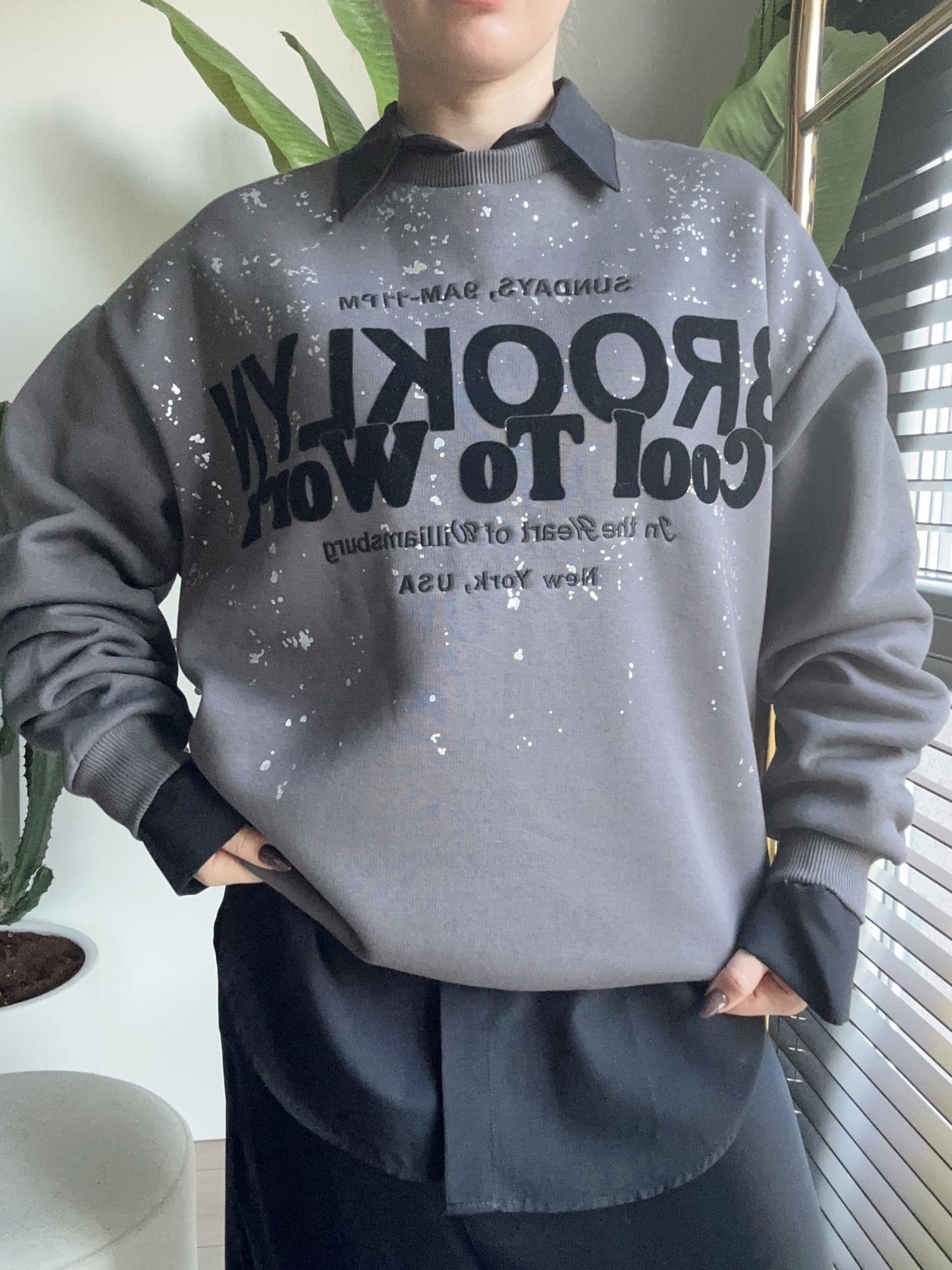 Baskı Detaylı Oversize Sweatshirt Koyu Gri