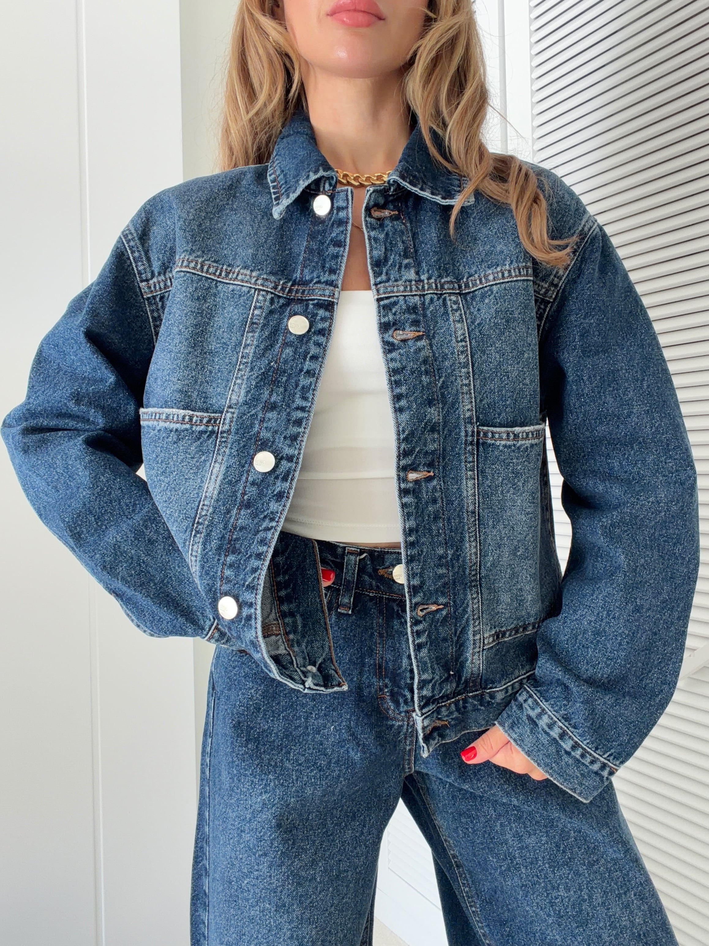 Büyük Ön Cepli Denim Ceket Koyu Mavi