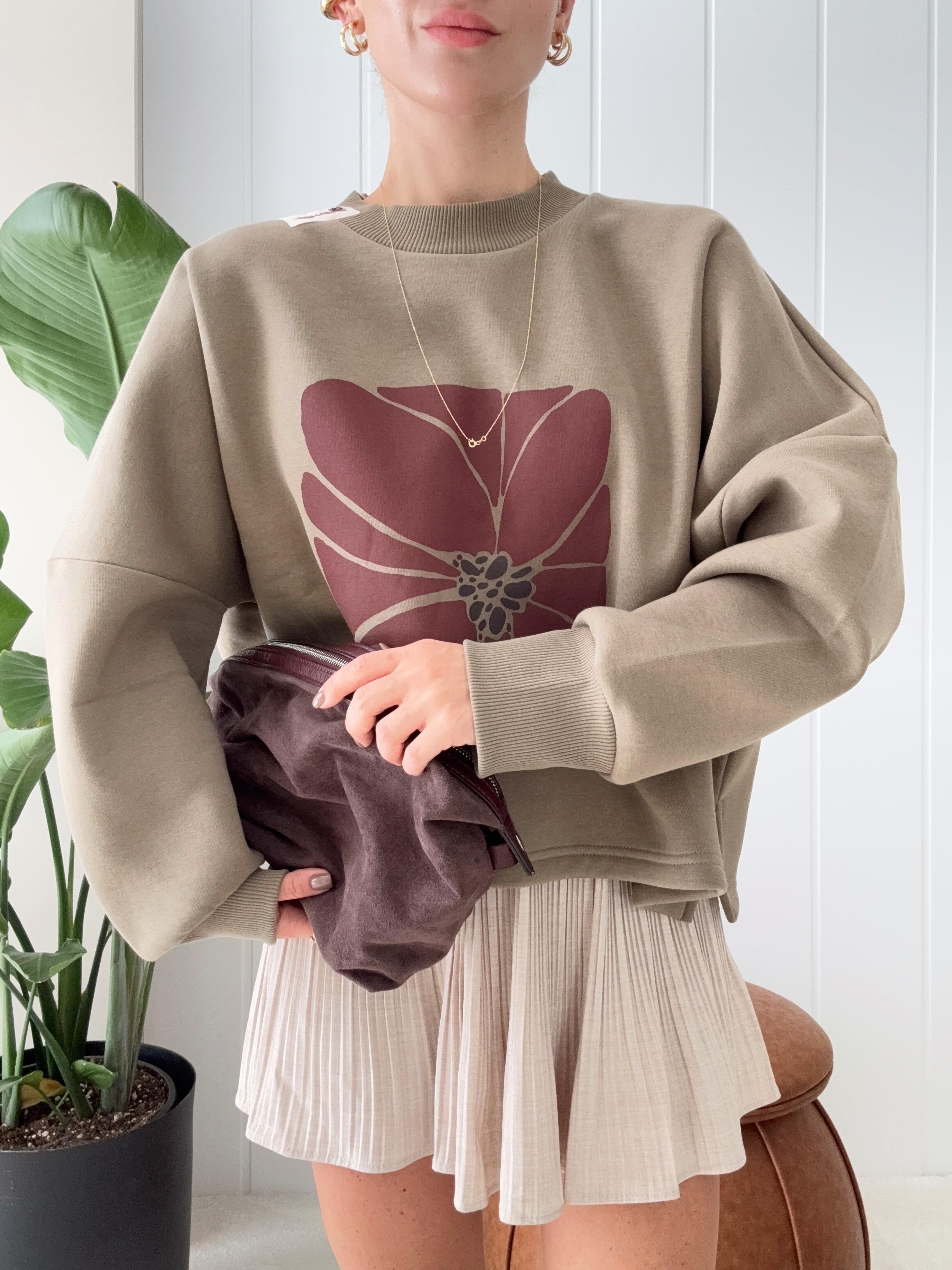 Çiçek Baskılı Oversize Sweat Haki
