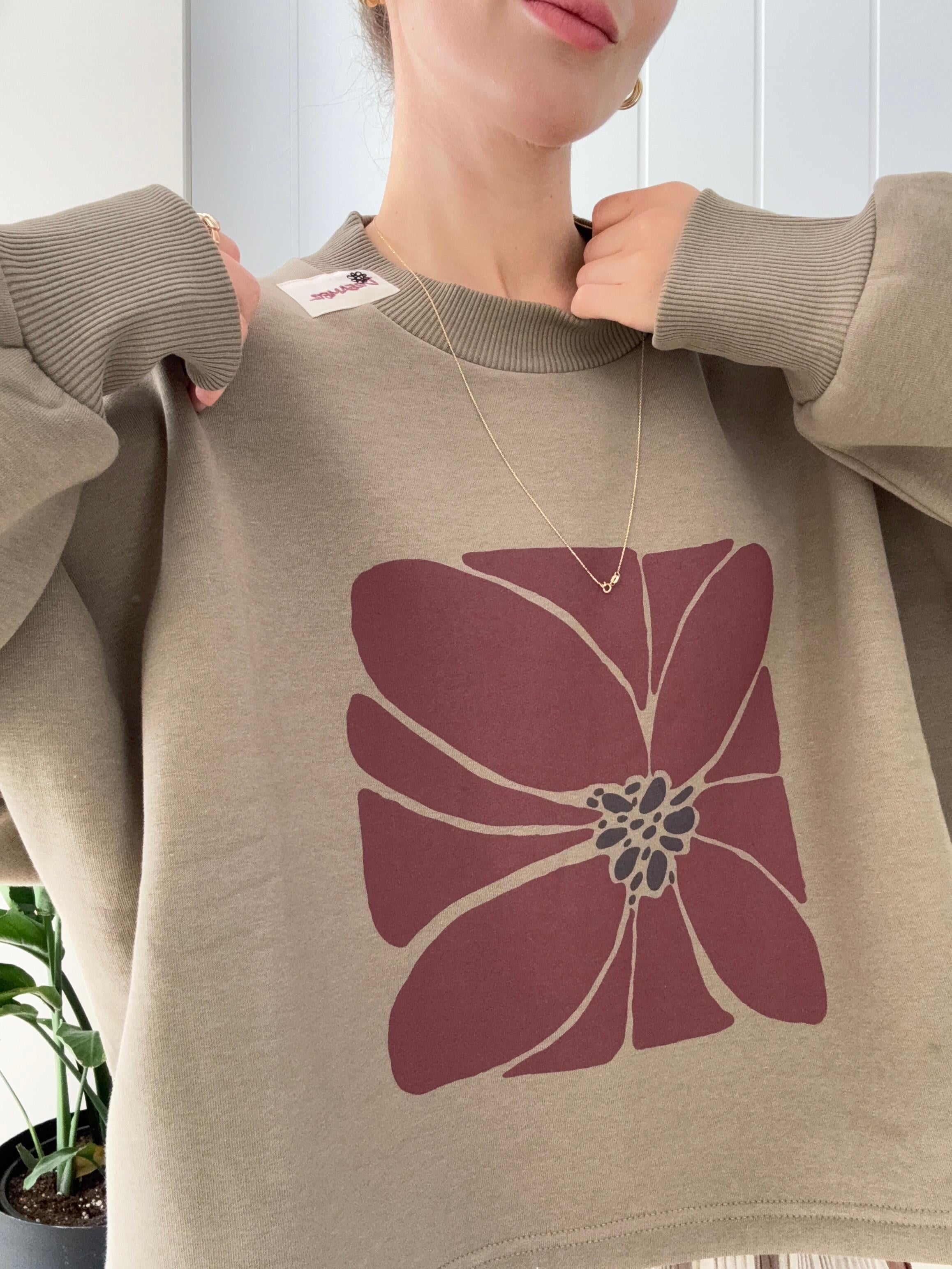 Çiçek Baskılı Oversize Sweat Haki