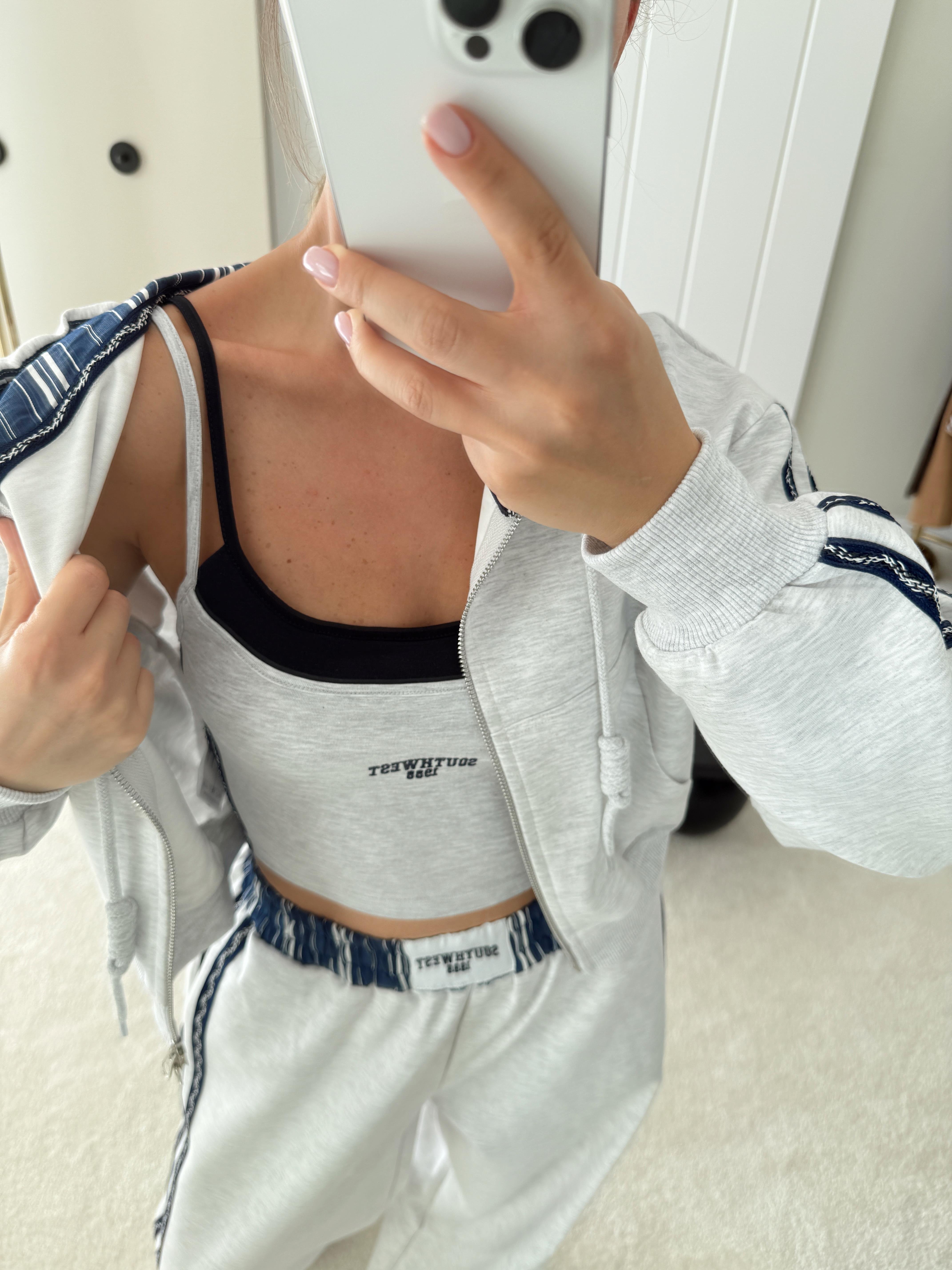 Çift Askı Görünümlü Bra Fermuarlı Sweatshirt ve Eşofman Alt 3'lü Takım