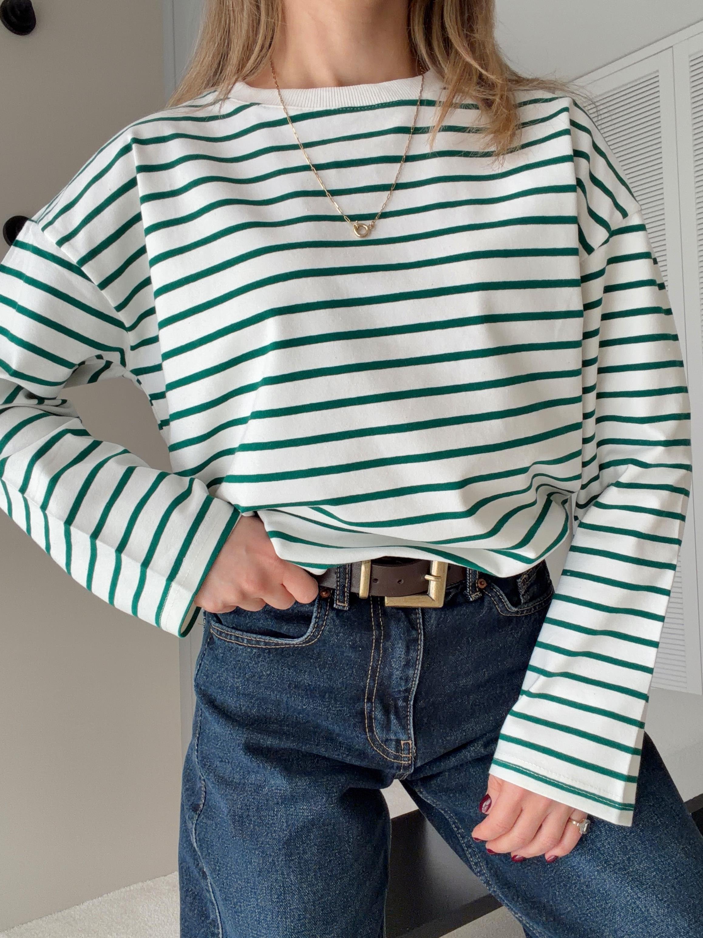 Çizgili Uzun Kollu Oversize Tshirt Yeşil