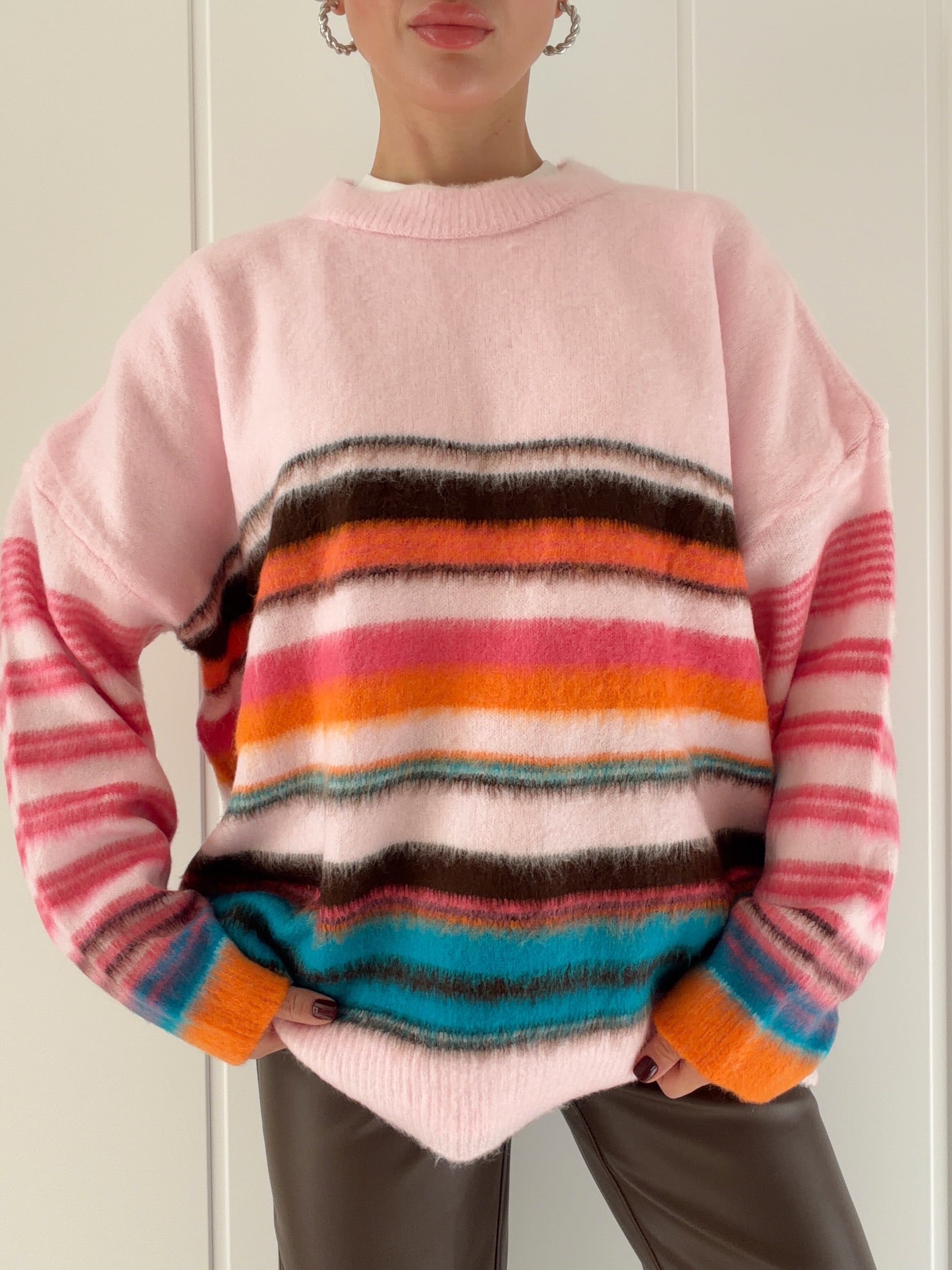 Çok Renkli Oversize Yün Kazak Pembe 