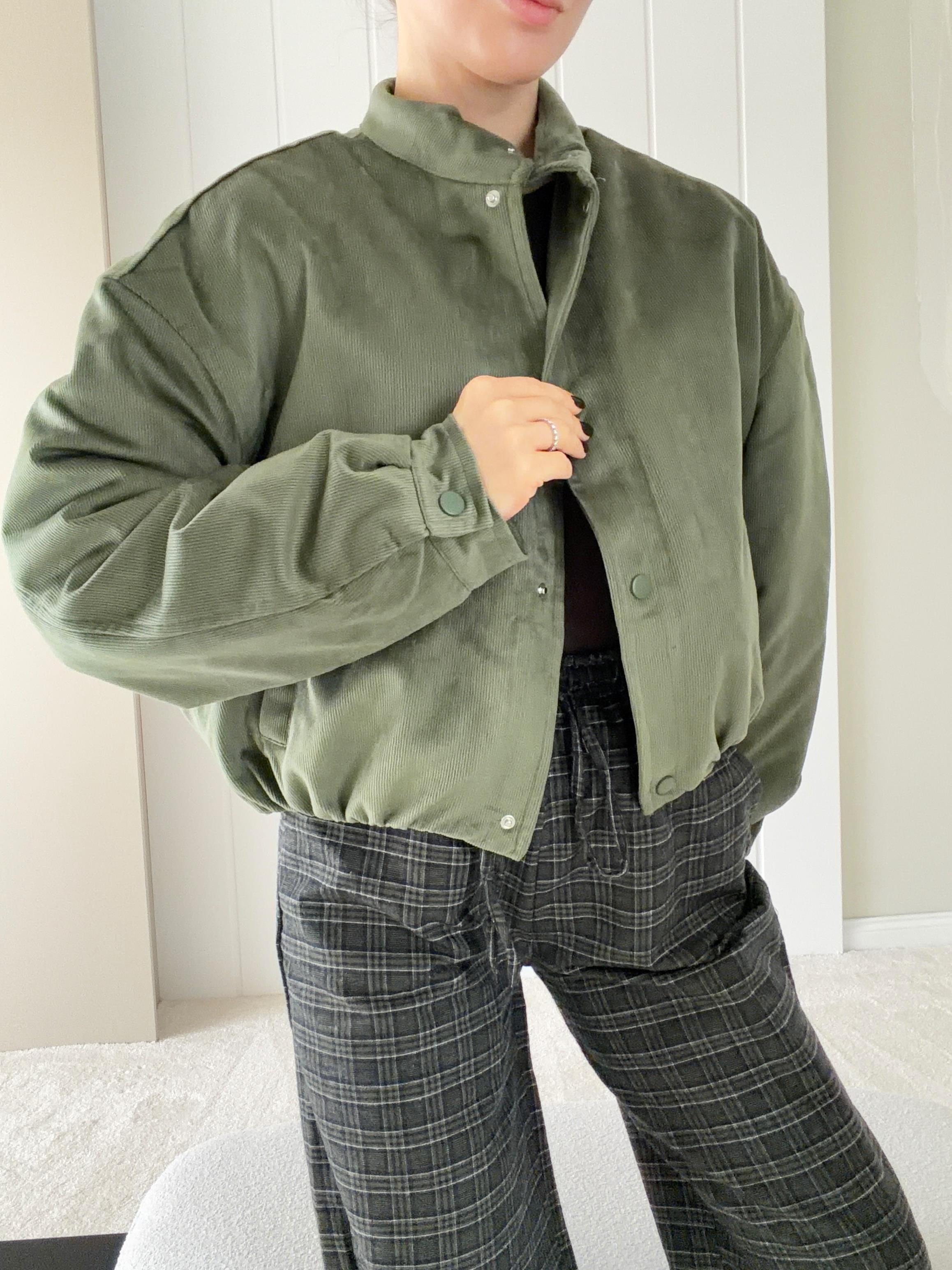 Crop Bomber Kadife Ceket Yeşil