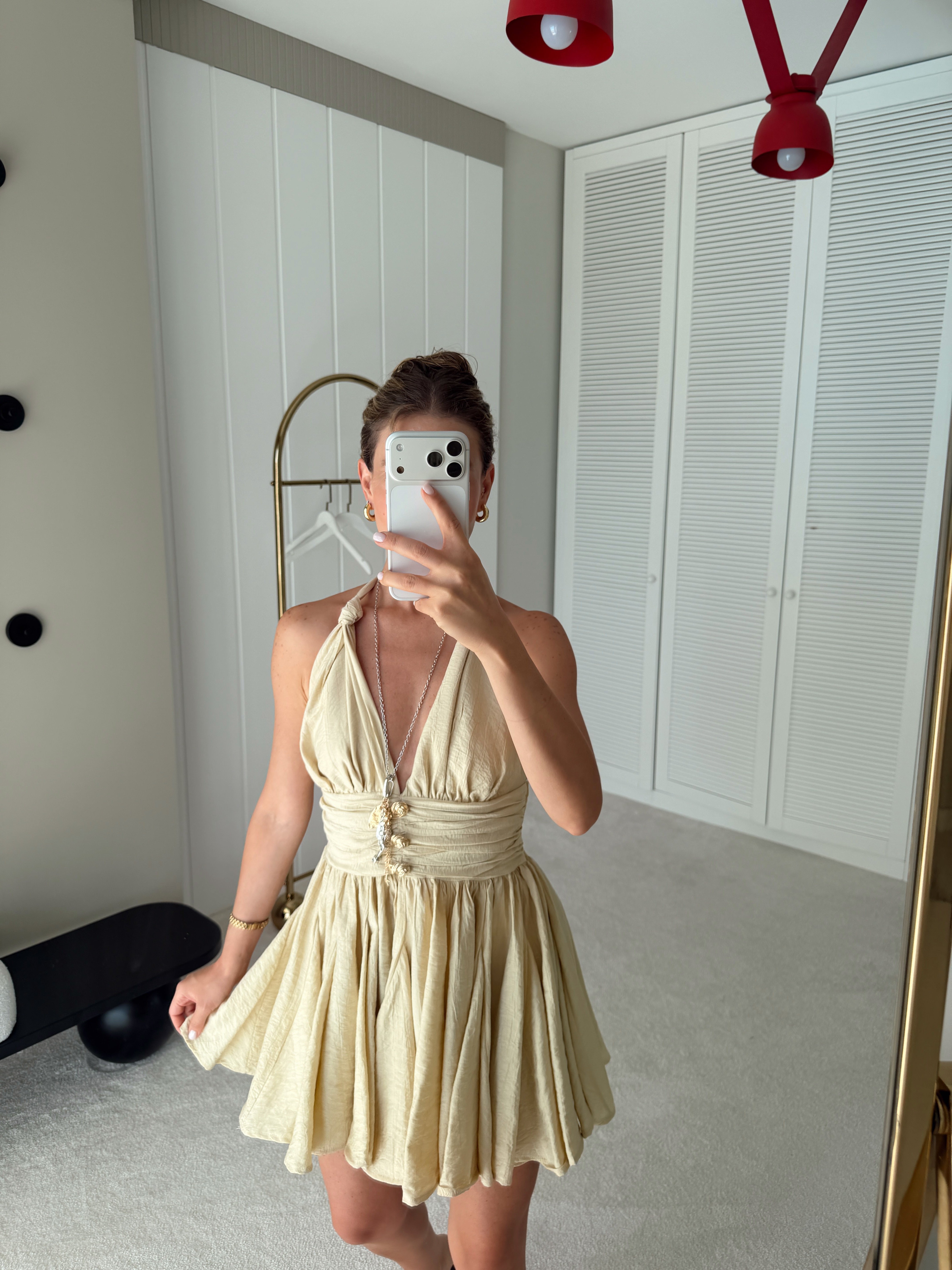 Düğmeli Bağlama Detaylı Mini Boy Elbise Sarı