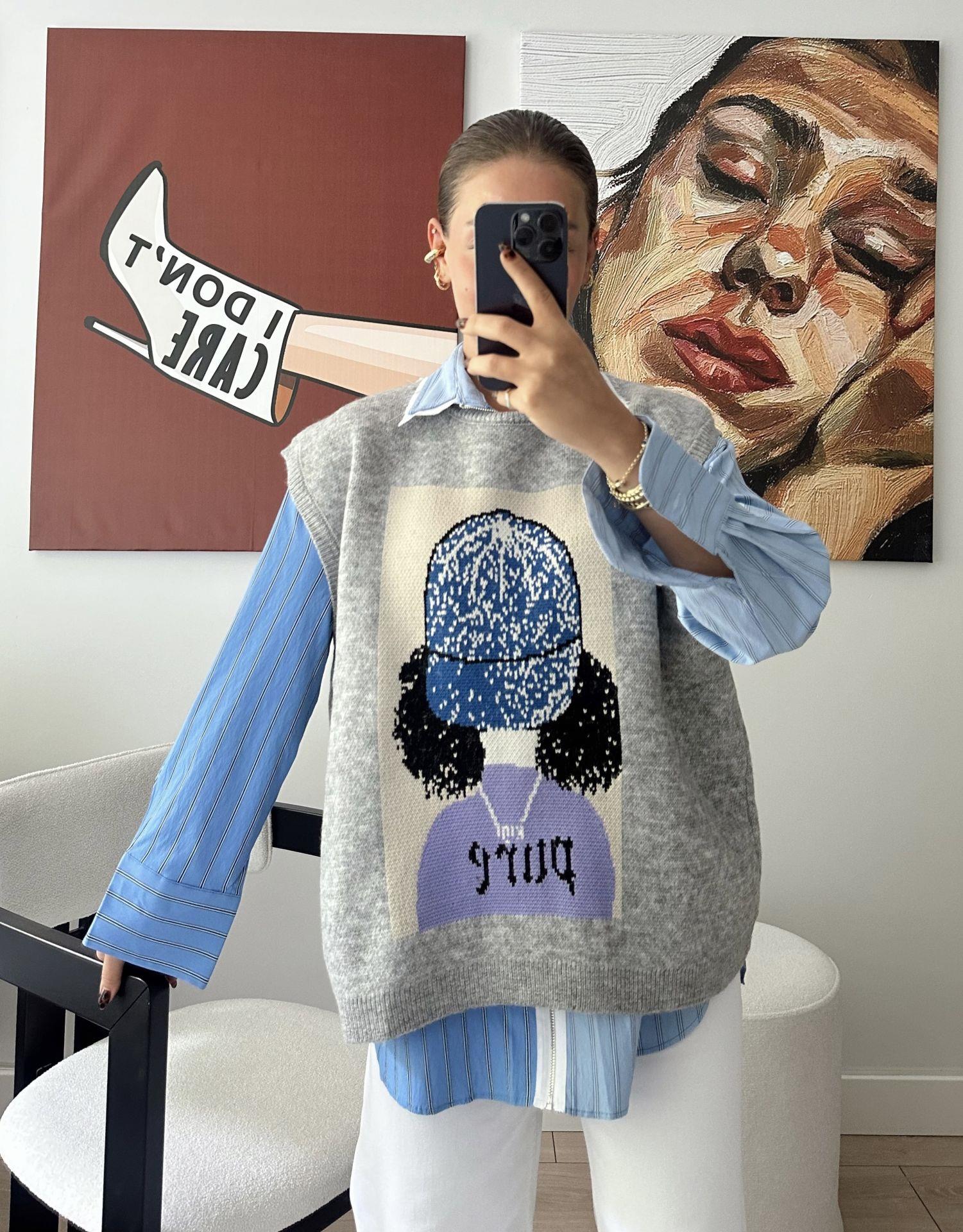 Figürlü Oversize Triko Süveter Gri