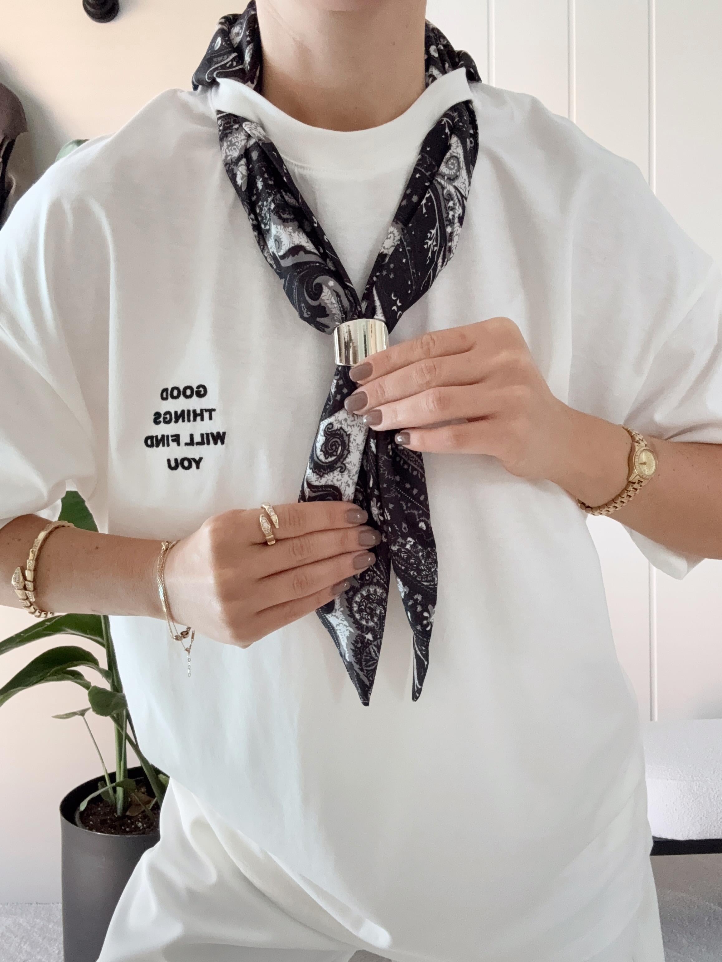 Fularlı Tshirt Oversize Kalıp Ekru