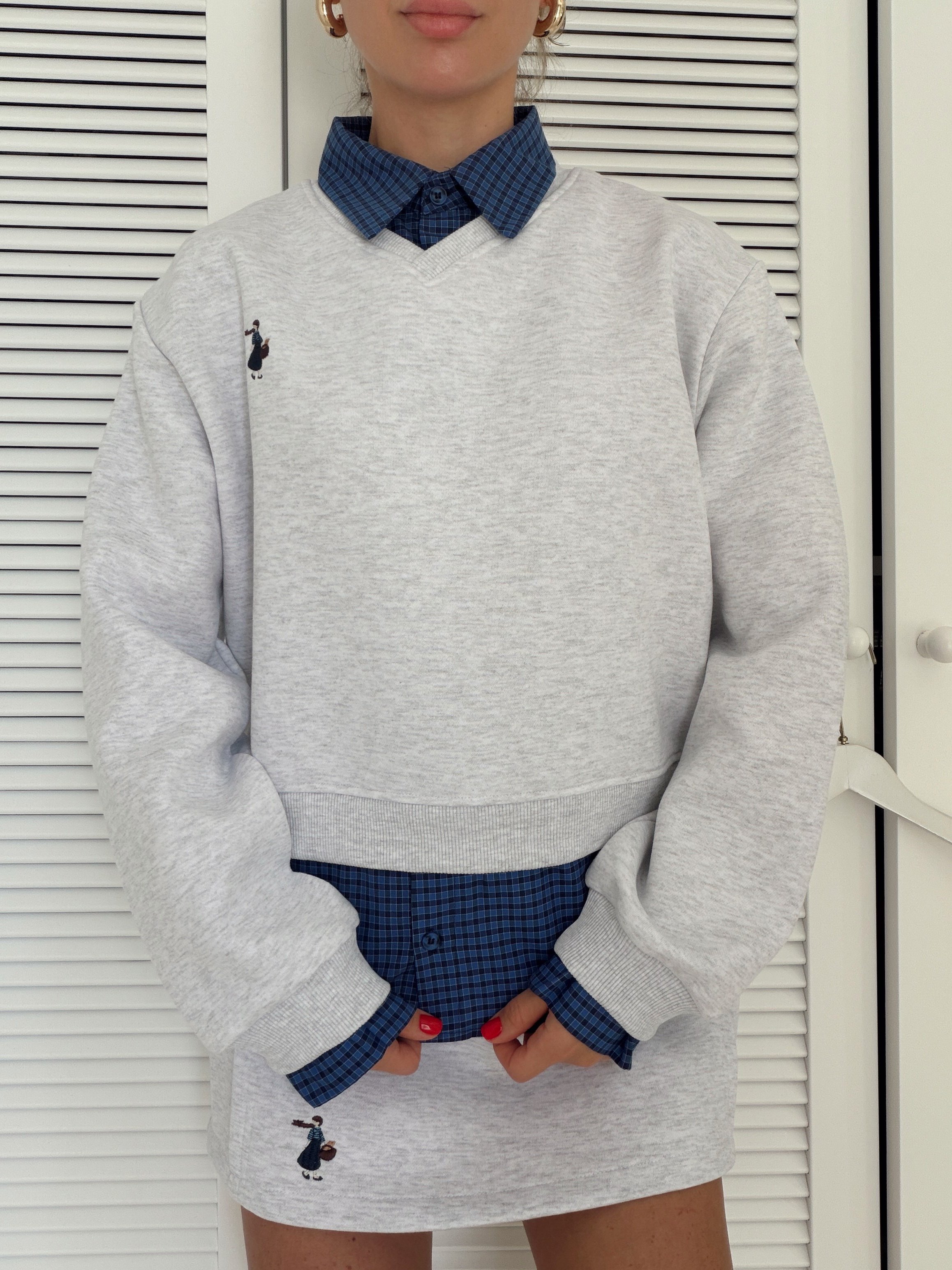Gömlek Detaylı Birleşik Sweatshirt Gri