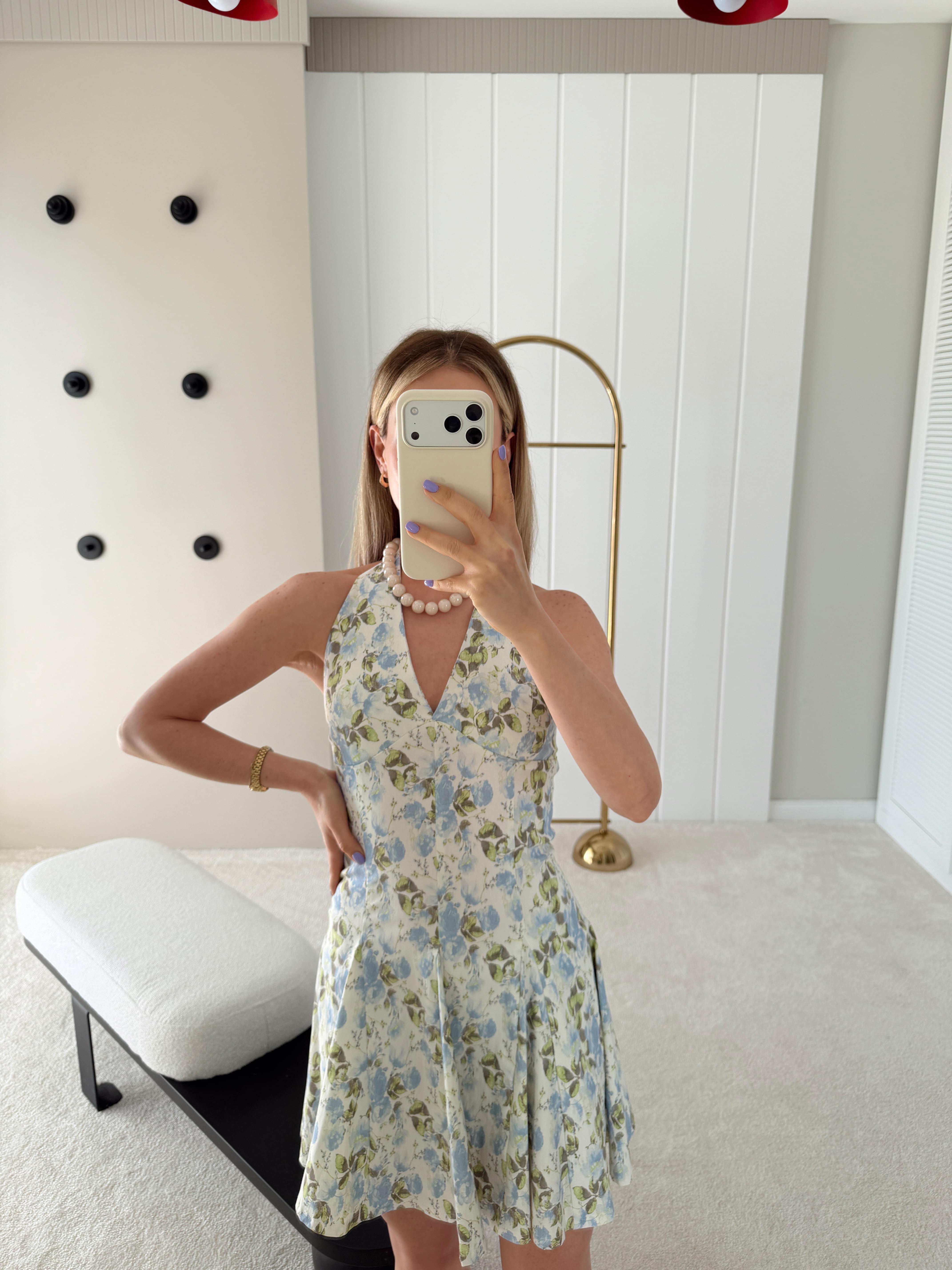 Halter Yaka Mini Elbise Mavi