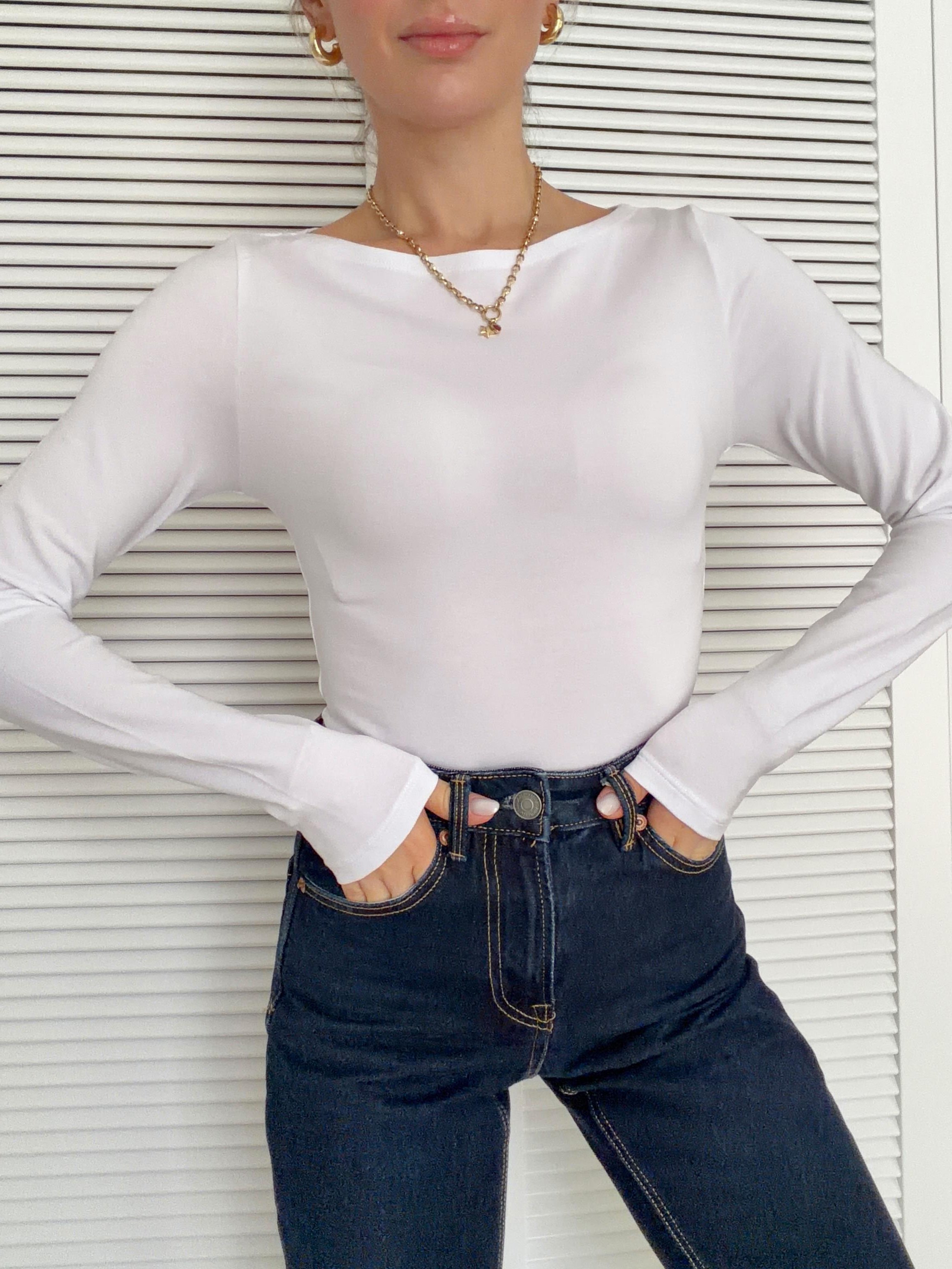 Kayık Yaka Bodysuit Beyaz