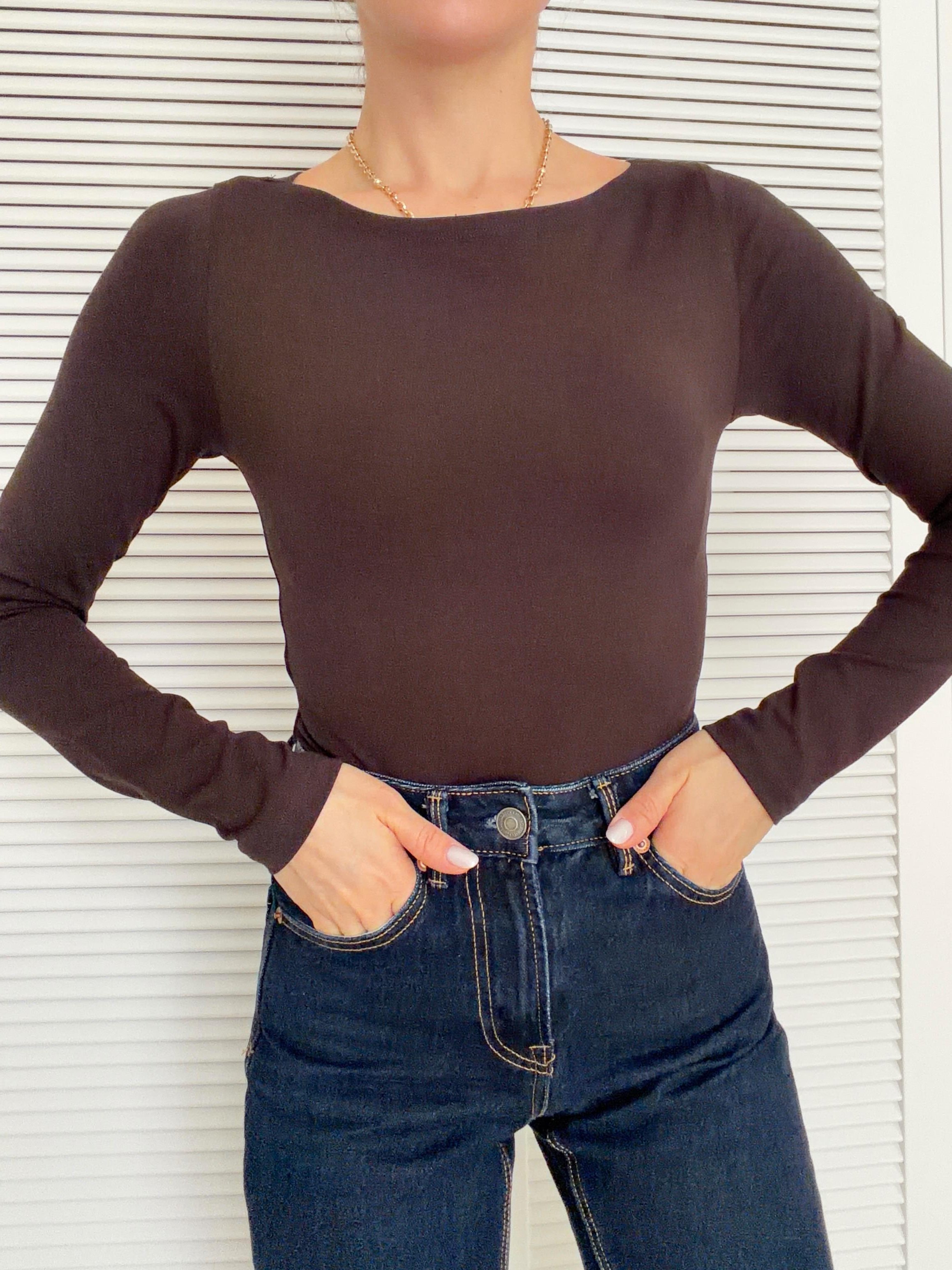 Kayık Yaka Bodysuit Kahverengi