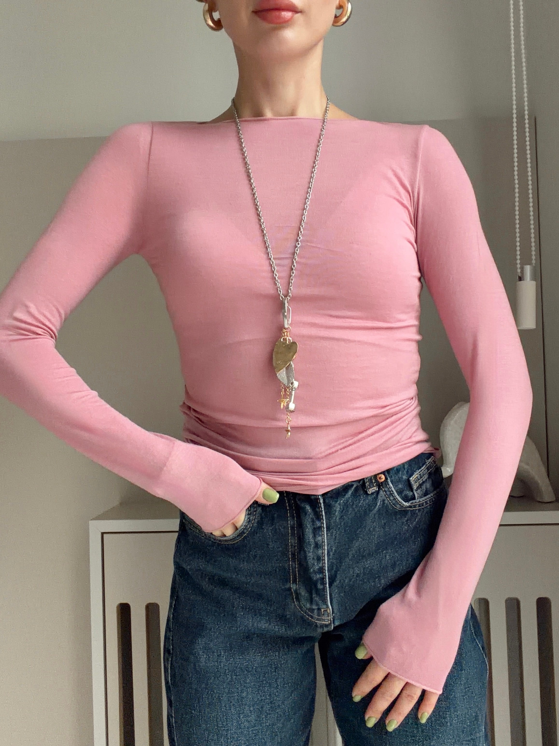 Kayık Yaka Modal Kaşmir Transparan Body Pembe