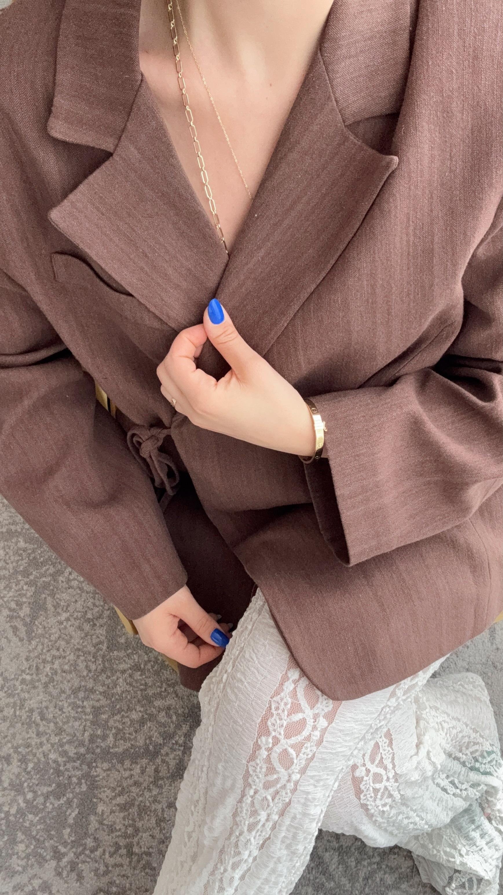 Keten Blazer Ceket Bağlama Detaylı Kahverengi