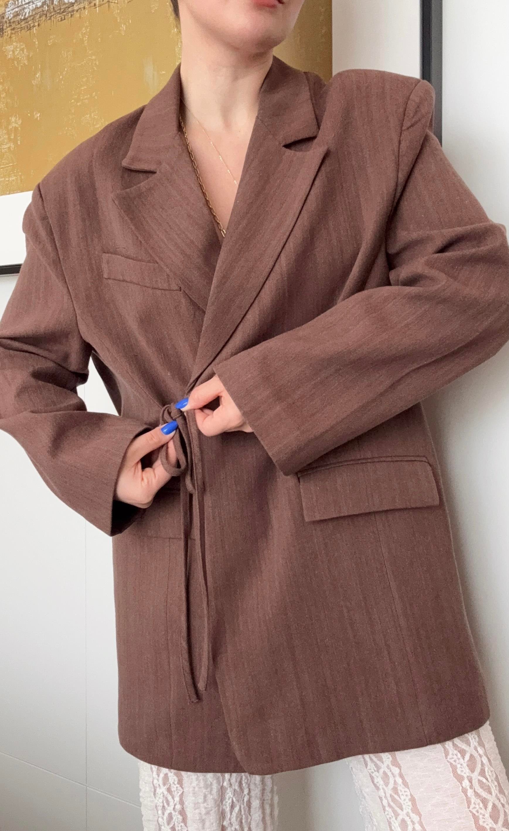 Keten Blazer Ceket Bağlama Detaylı Kahverengi