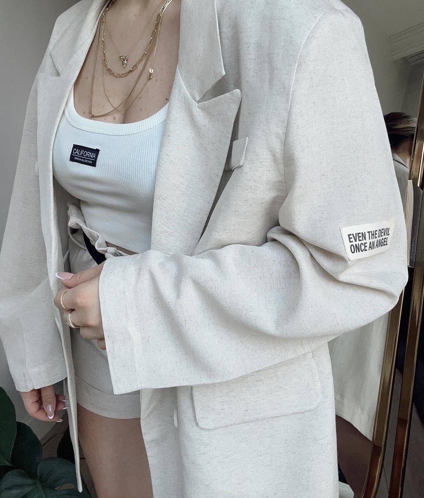 Keten Blazer Ceket Oversize Ekru