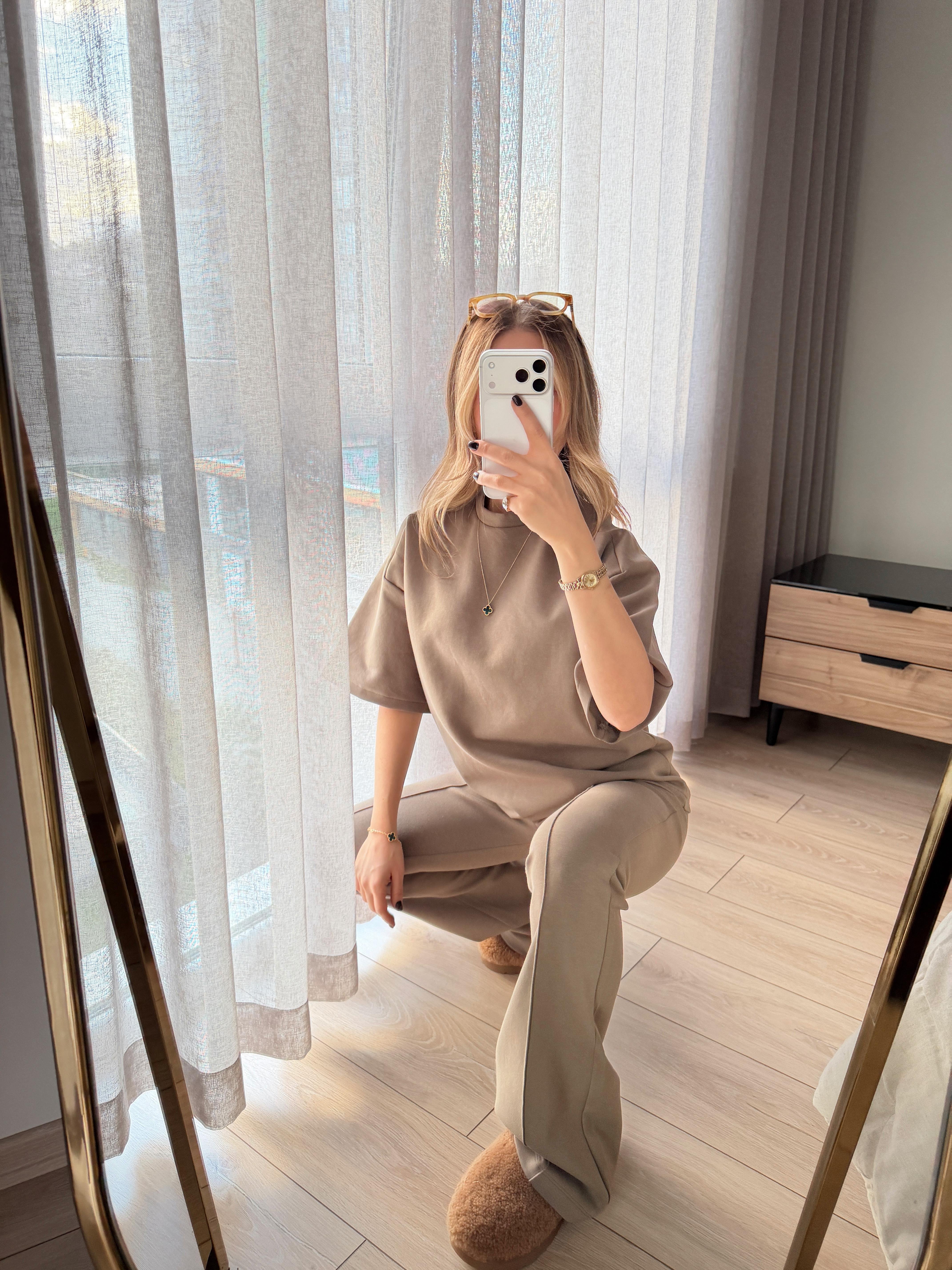 Kısa Kollu Oversize Tshirt ve Dikiş Detaylı İnterlok Modal Pantolon Haki