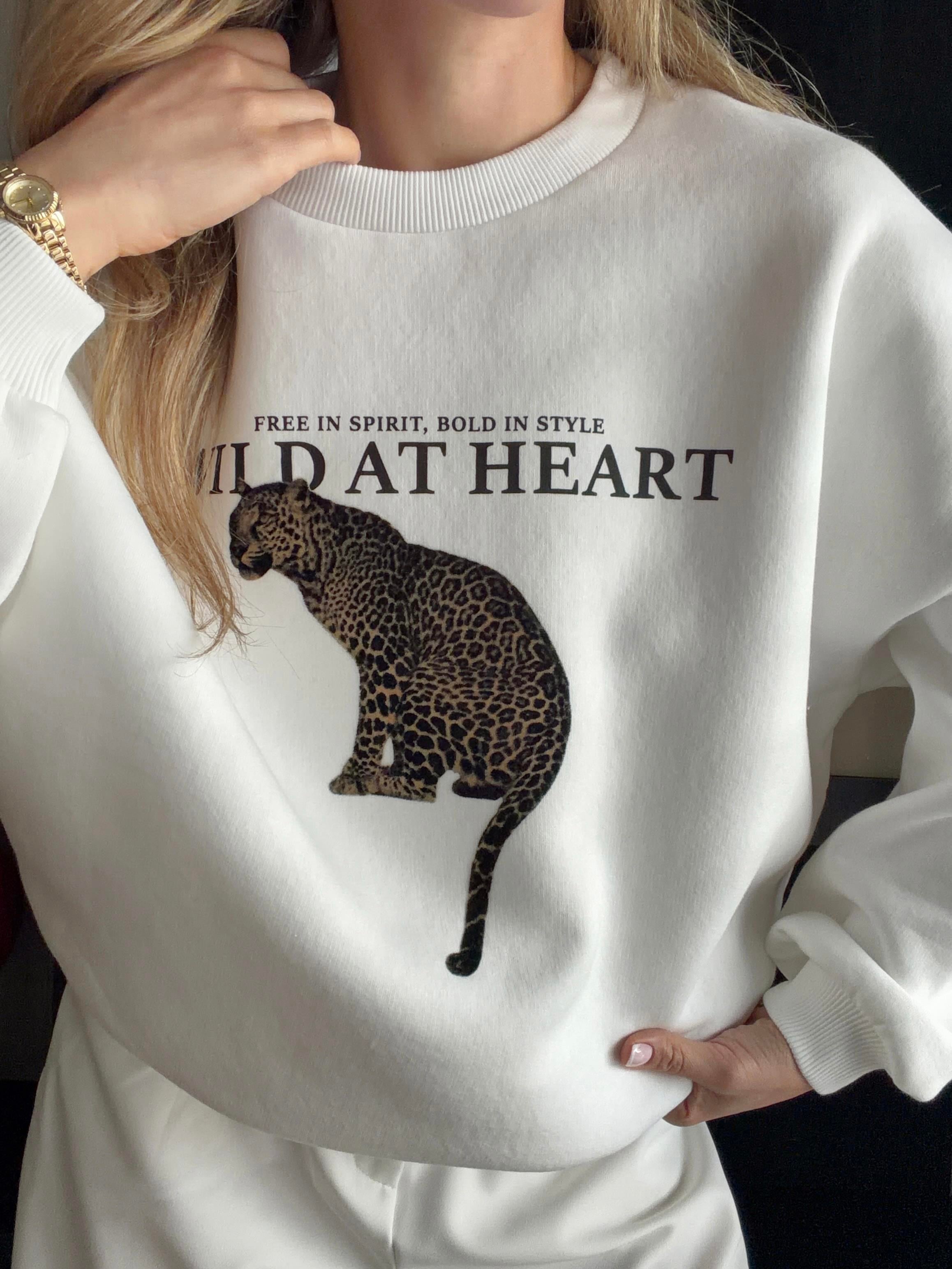 Leopar Baskılı Oversize Sweat Ekru