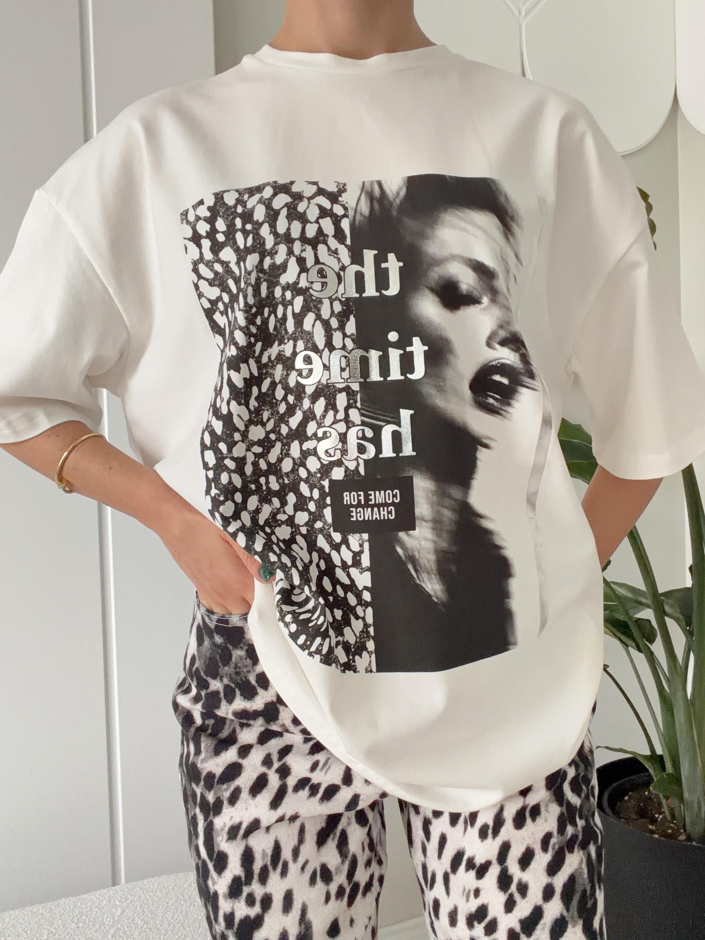 Leopar Desen Baskılı Tshirt Ekru